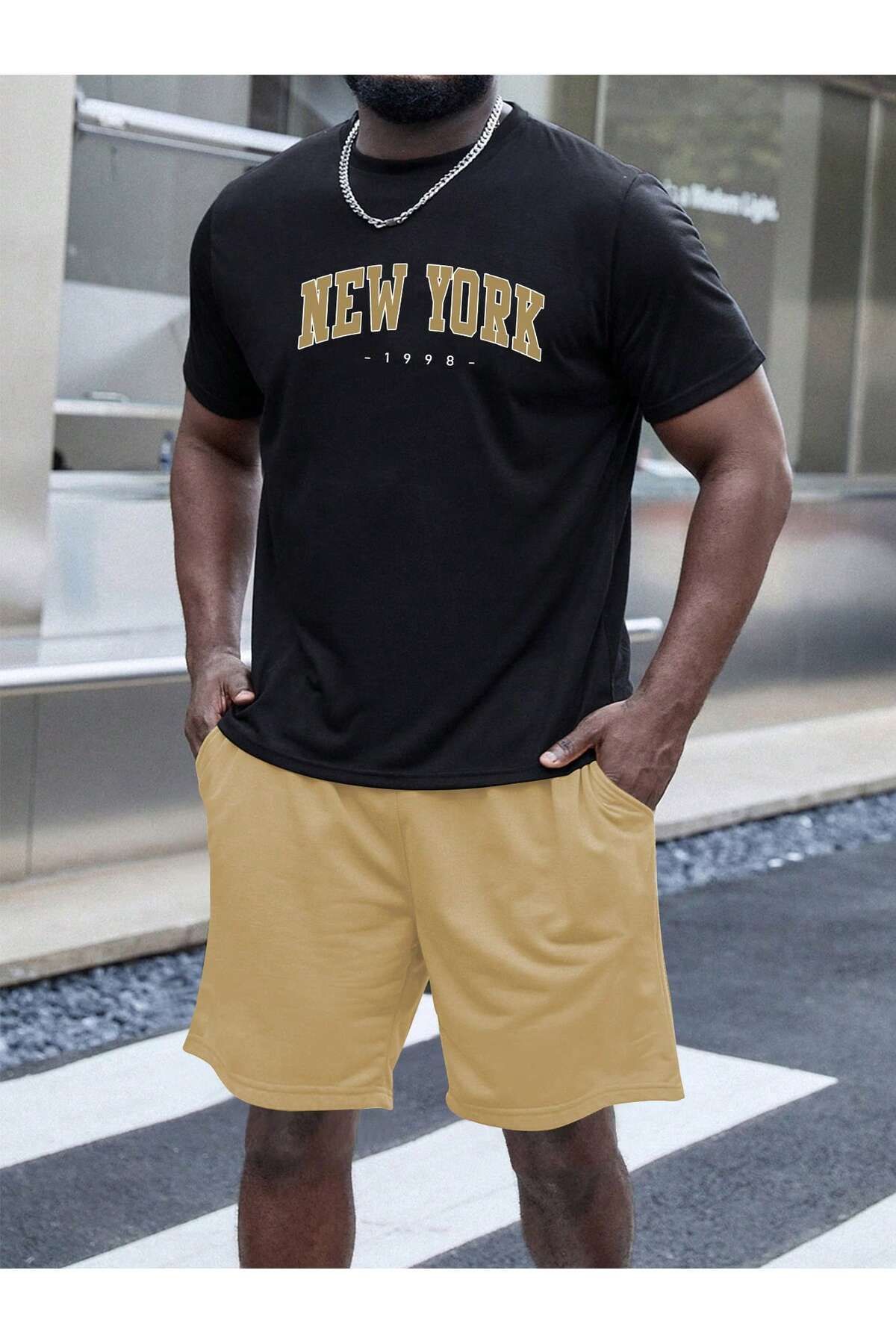 FoxSkin Sportswear&Company New York 1998 T-Shirt Şort - Siyah Bej Alt Üst Takım Şort Tişört Kombin Baskılı Bisiklet Yaka