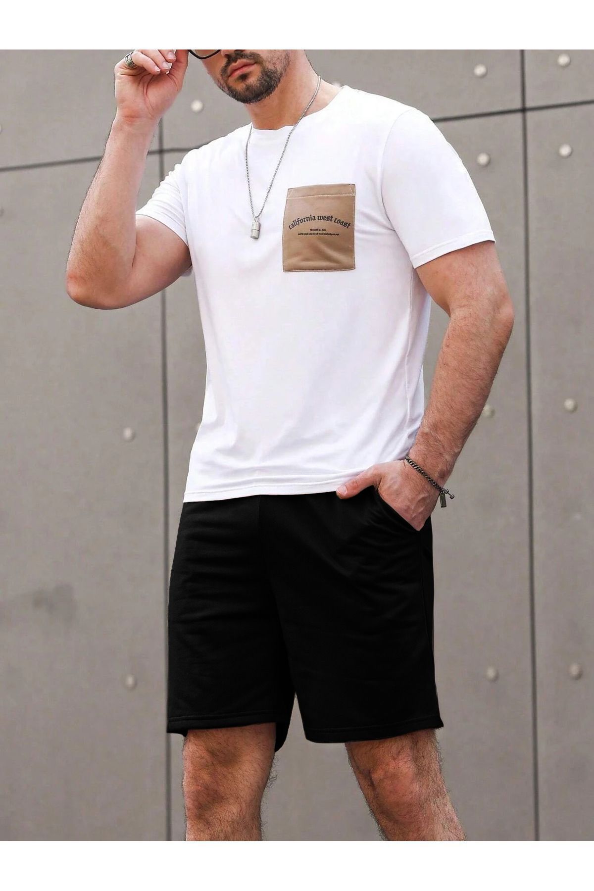 FoxSkin Sportswear&Company Cep California T-Shirt Şort - Beyaz Siyah Alt Üst Takım Şort Tişört Kombin Baskılı Bisiklet Yaka