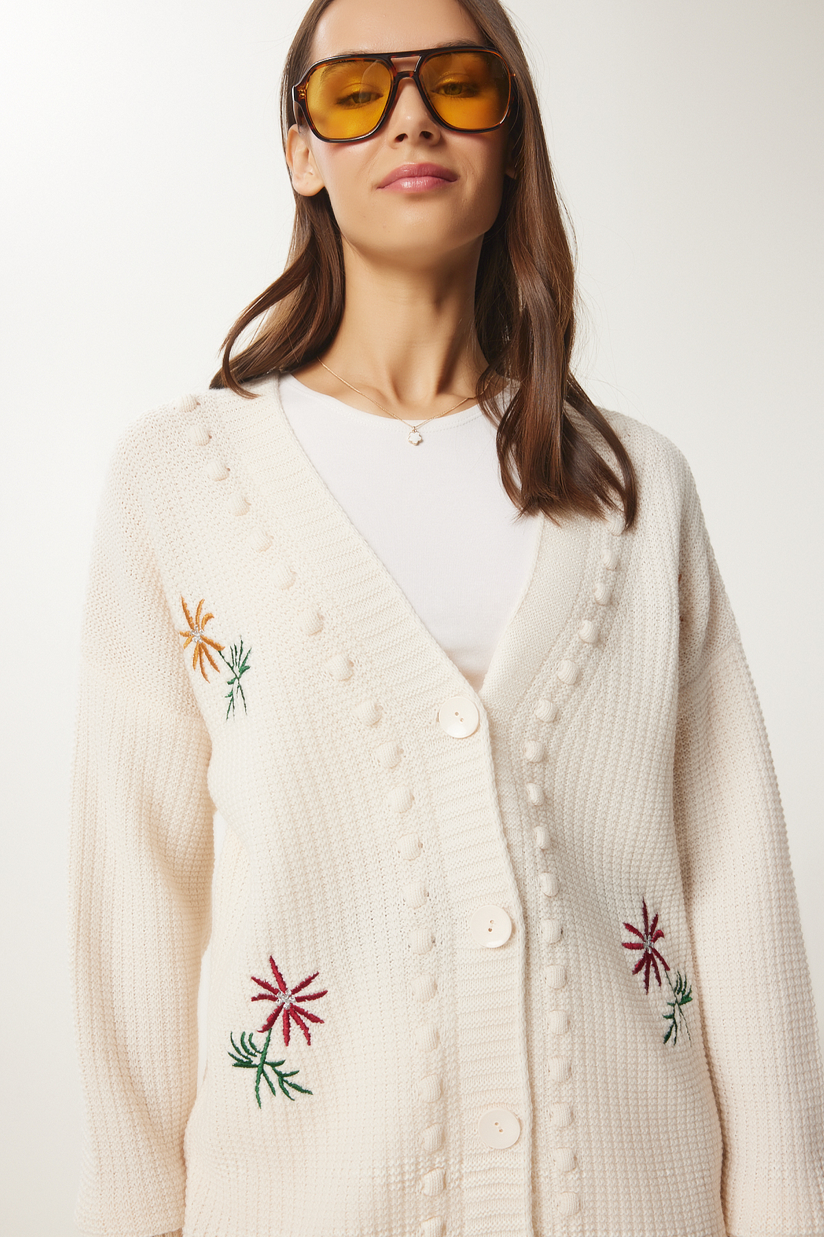 Lovelyİstanbul  Çiçek Nakışlı Dokulu Triko Hırka KREM LKG0004 - Görsel 3