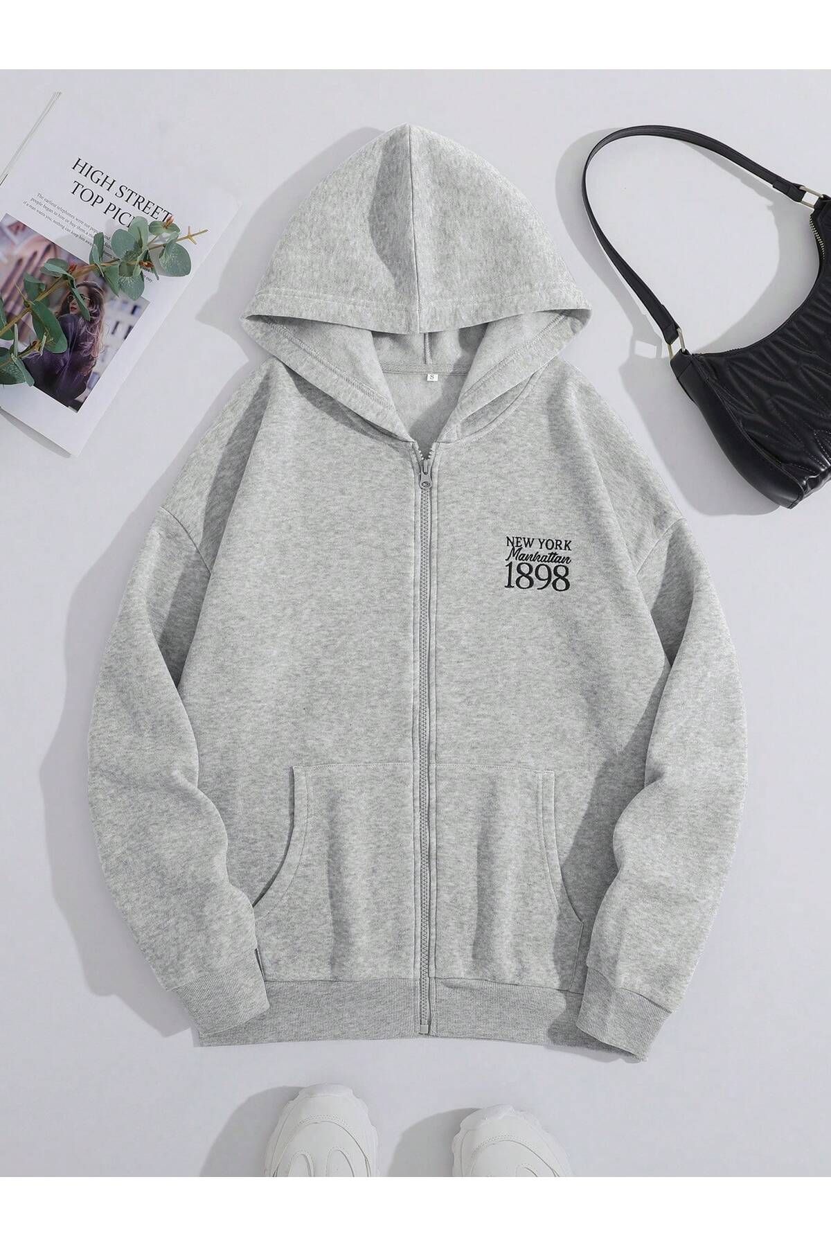 FoxSkin Sportswear&Company New York Manhattan Fermuarlı Kışlık Hırka - Gri Baskılı Oversize Şardonlu Kapüşonlu