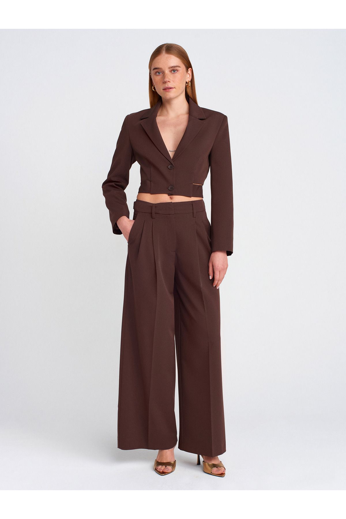 Dilvin-71606 Model - Extra Wide Leg and Adjustable Cut Coffee Pants 1