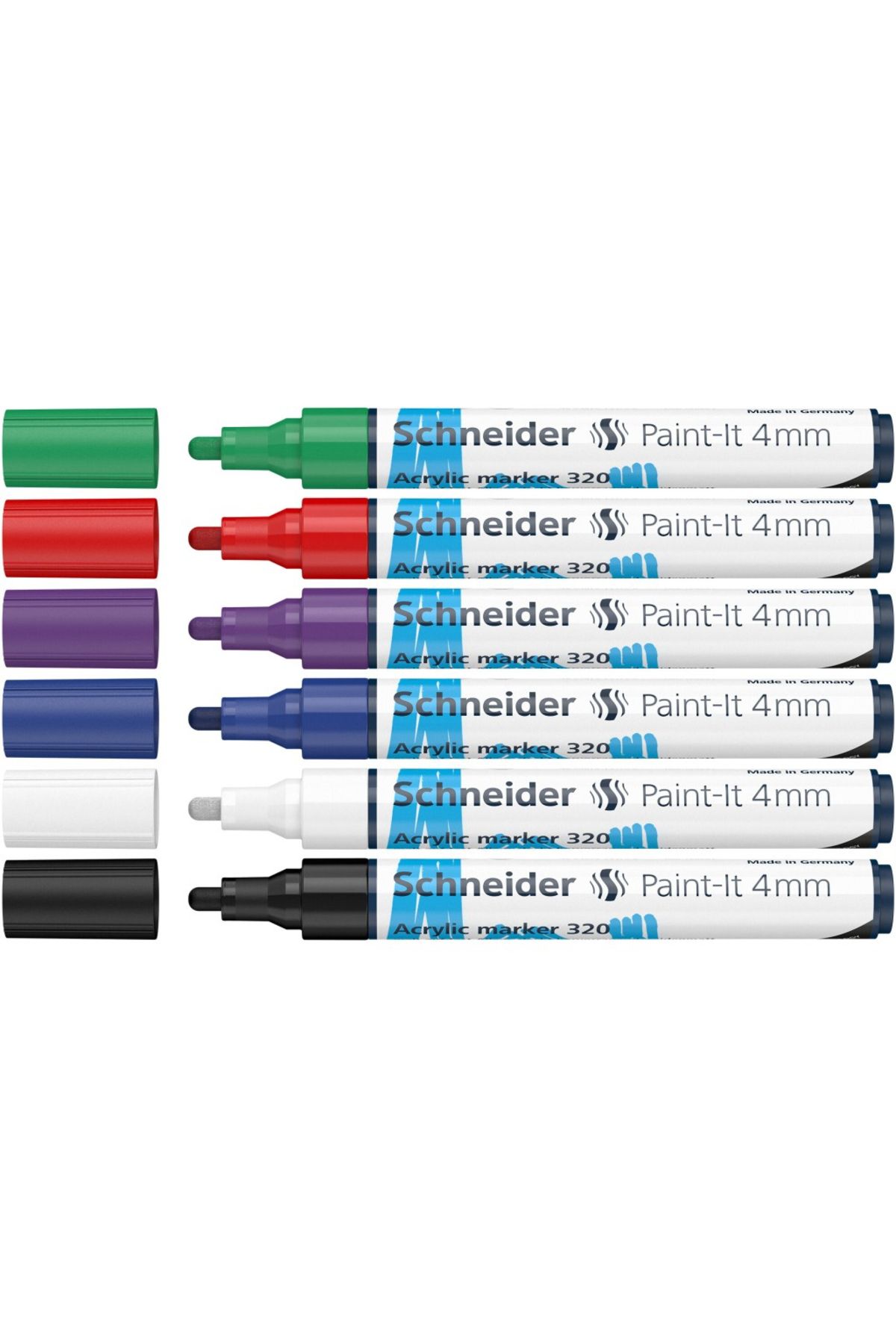 SCHNEIDER-Set of 6 Paint-It 320 Acrylic Paint Markers, 4 mm, black, white, blue, purple, red, green 3