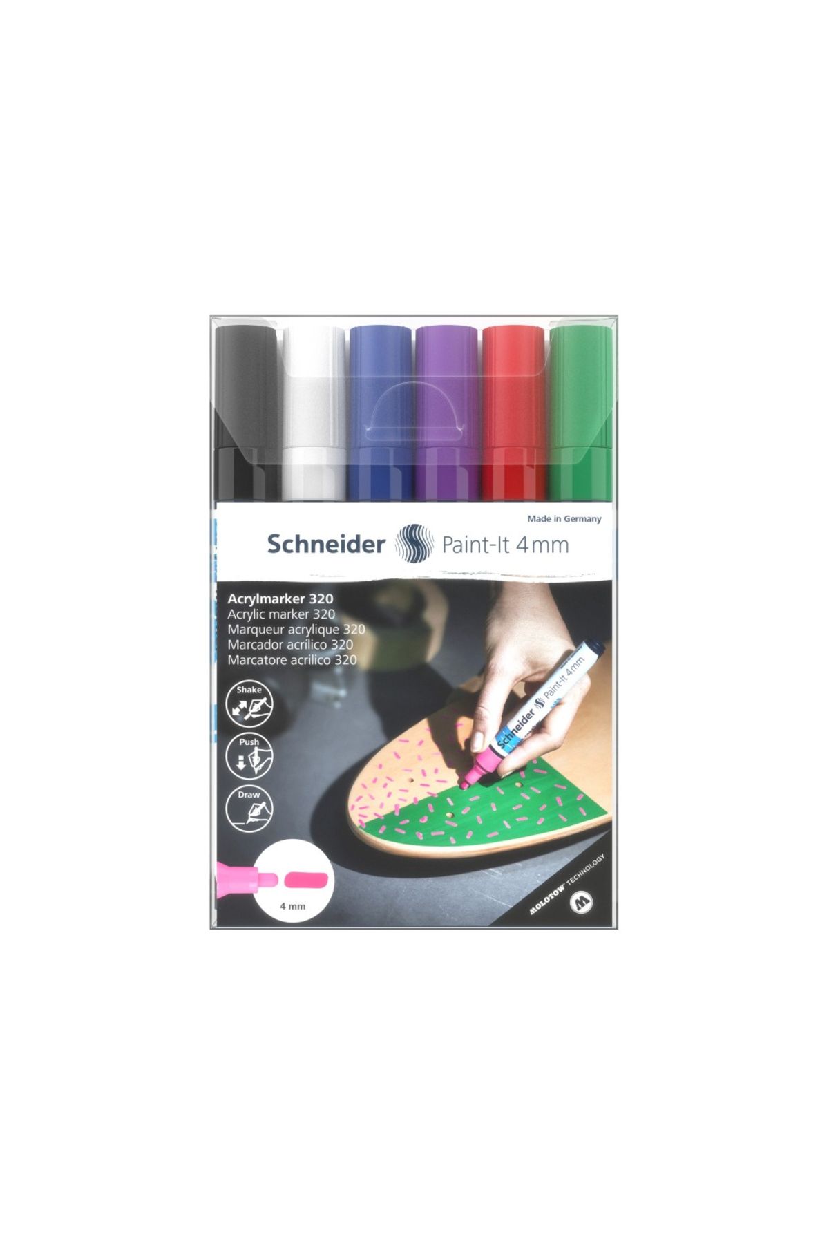 SCHNEIDER-Set of 6 Paint-It 320 Acrylic Paint Markers, 4 mm, black, white, blue, purple, red, green 2