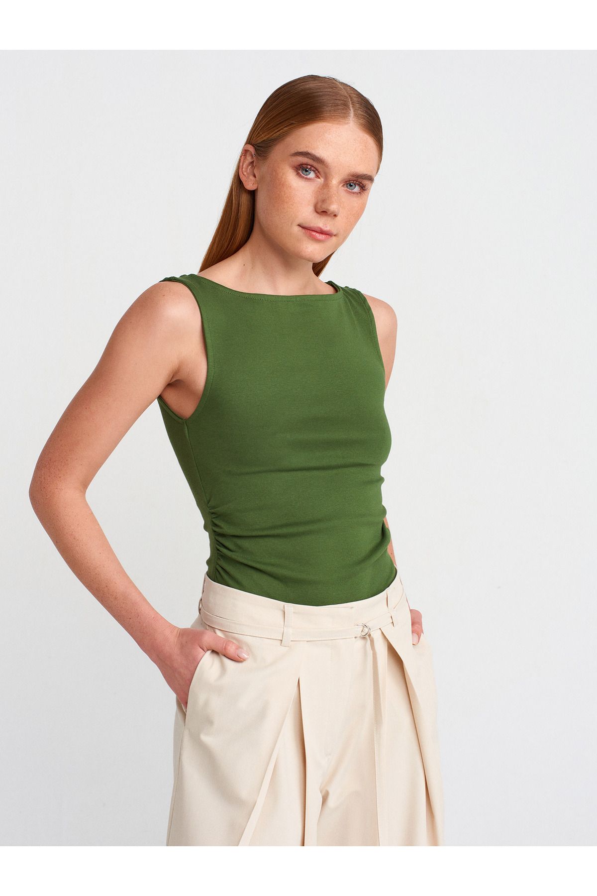 Dilvin-31589 Gathered Boat Neck Top-Dark Khaki 1