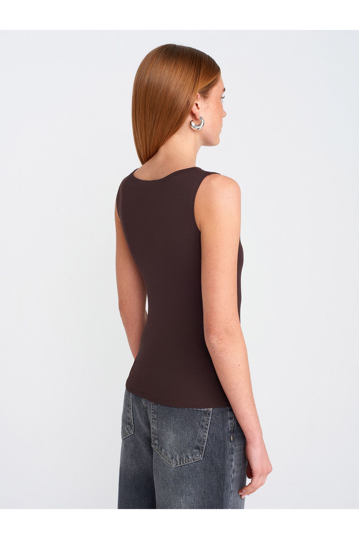 Dilvin-20868 Boat Neck Sleeveless Ball-Dark Brown 2