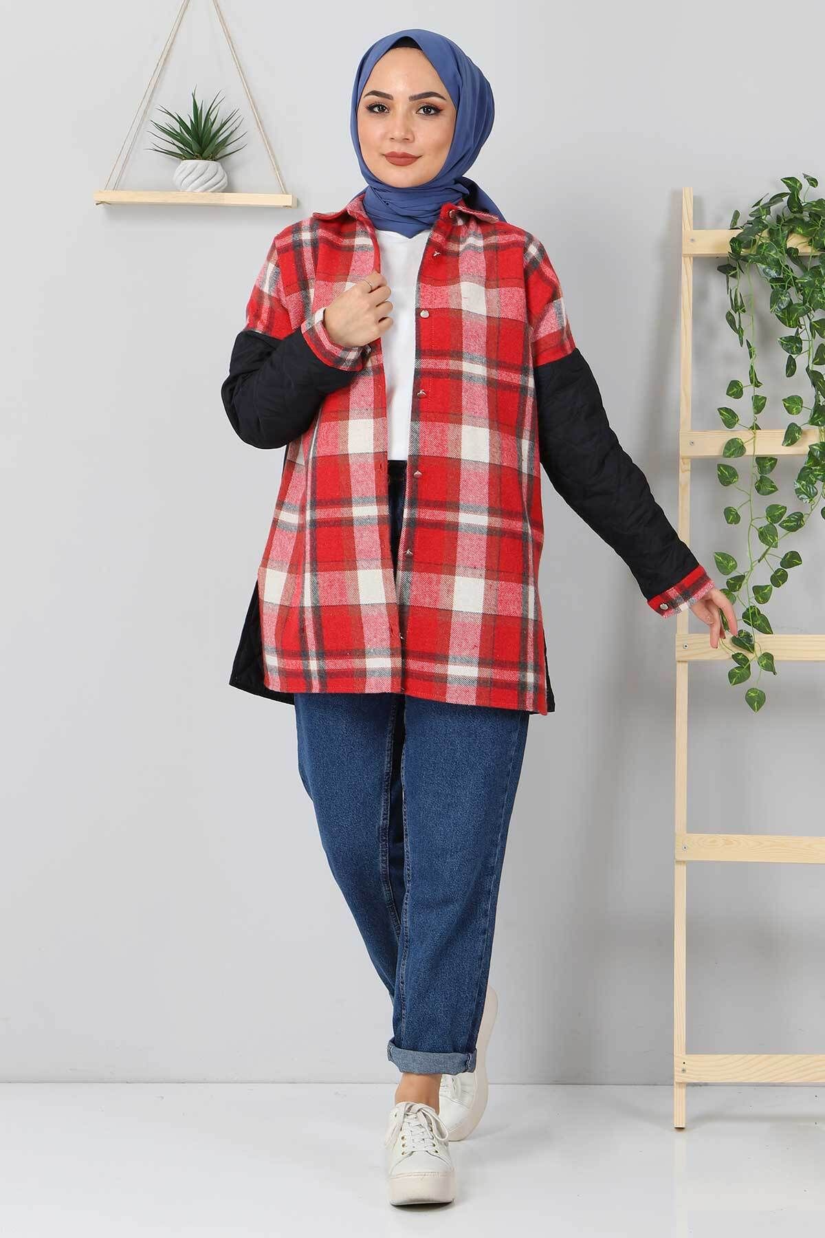 Tesettür Dünyası-Quilted Detailed Plaid Jacket Tsd5510 Claret Red 1