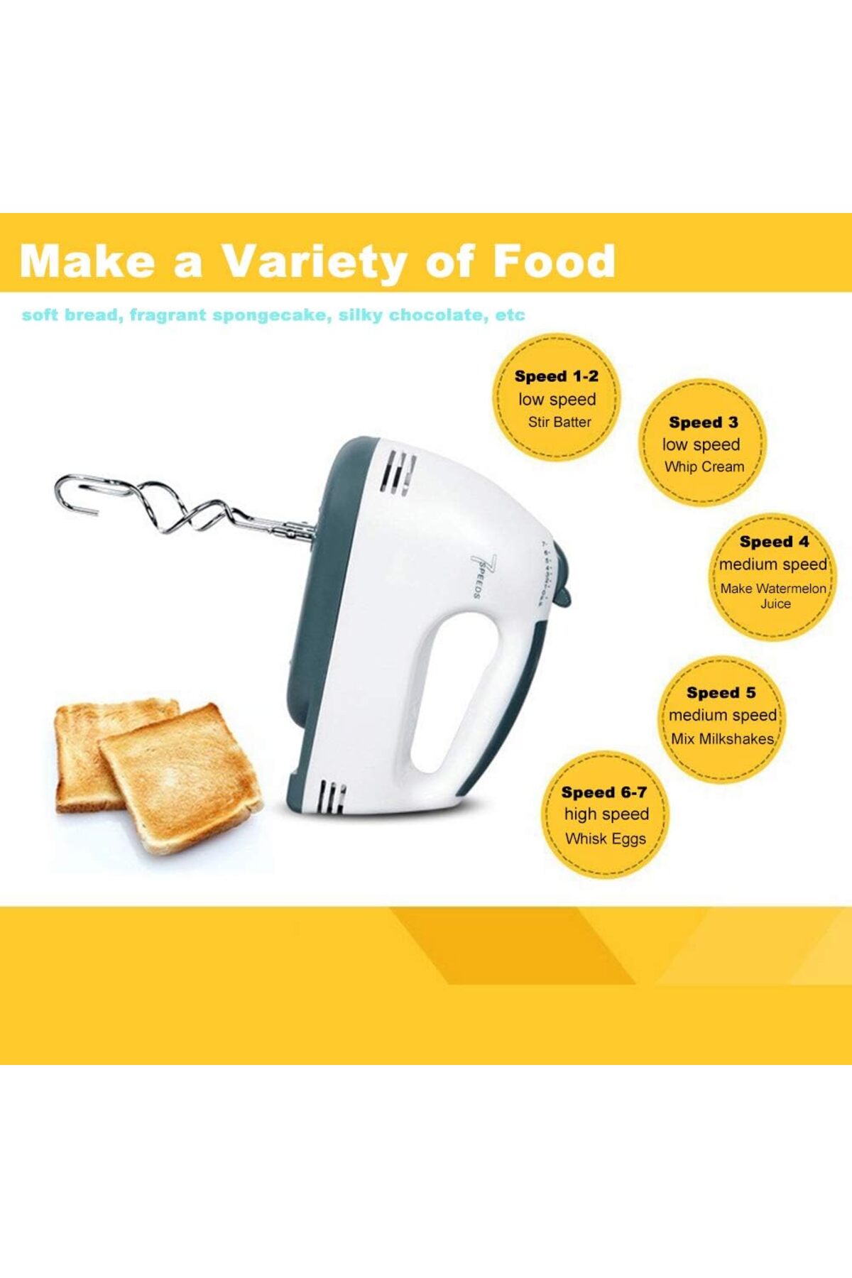 خلاط يدوي كهربائي بقوة 150 وات وخفاقة بيض و7 سرعات وخلط سهل مع خفاقة من الفولاذ المقاوم للصدأ