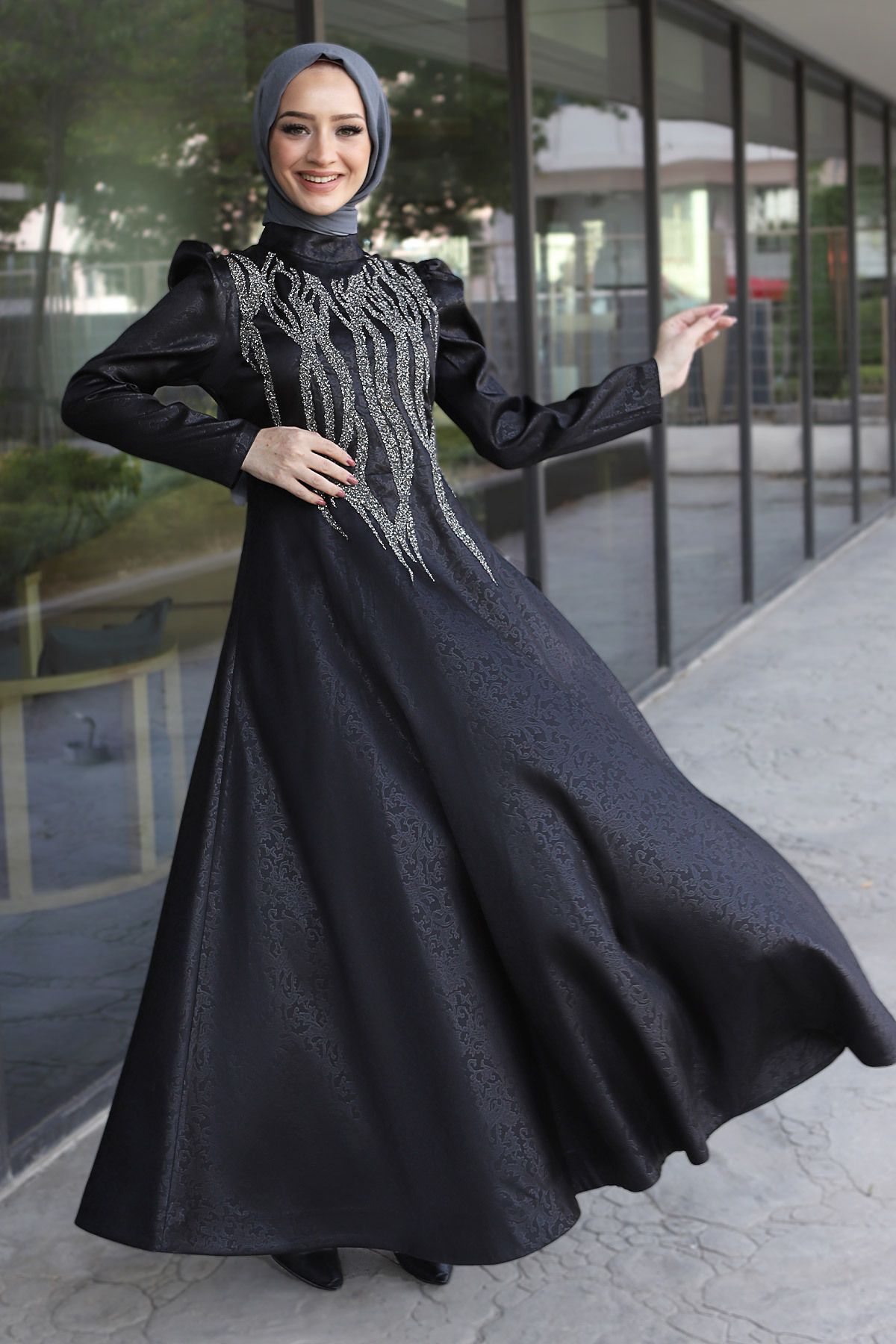 Tesettür Dünyası-Abendkleid mit Pailletten auf der Vorderseite Tsd220544 Schwarz 1