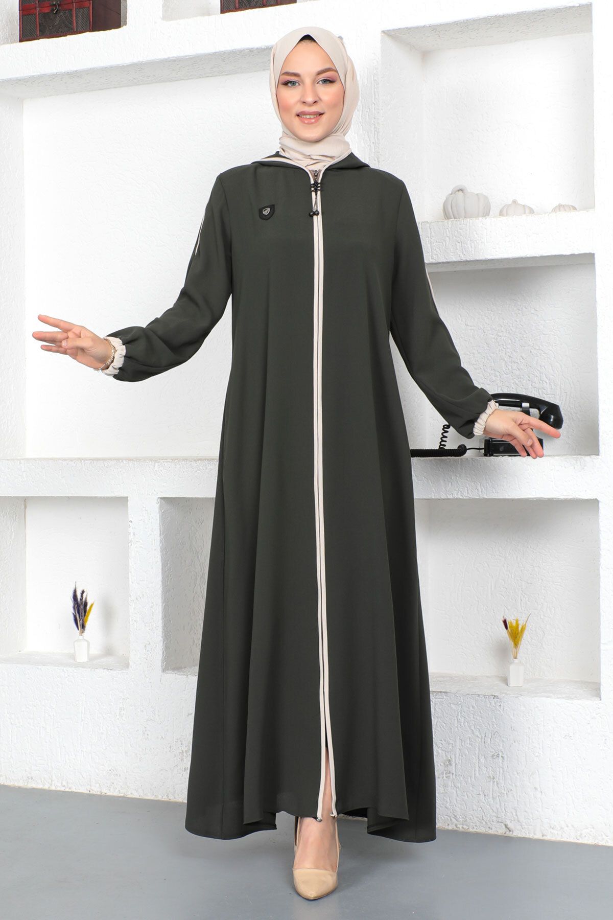 Tesettür Dünyası-Kolorowy hidżab z końcówką rękawa Abaya Tsd230415 Khaki 1