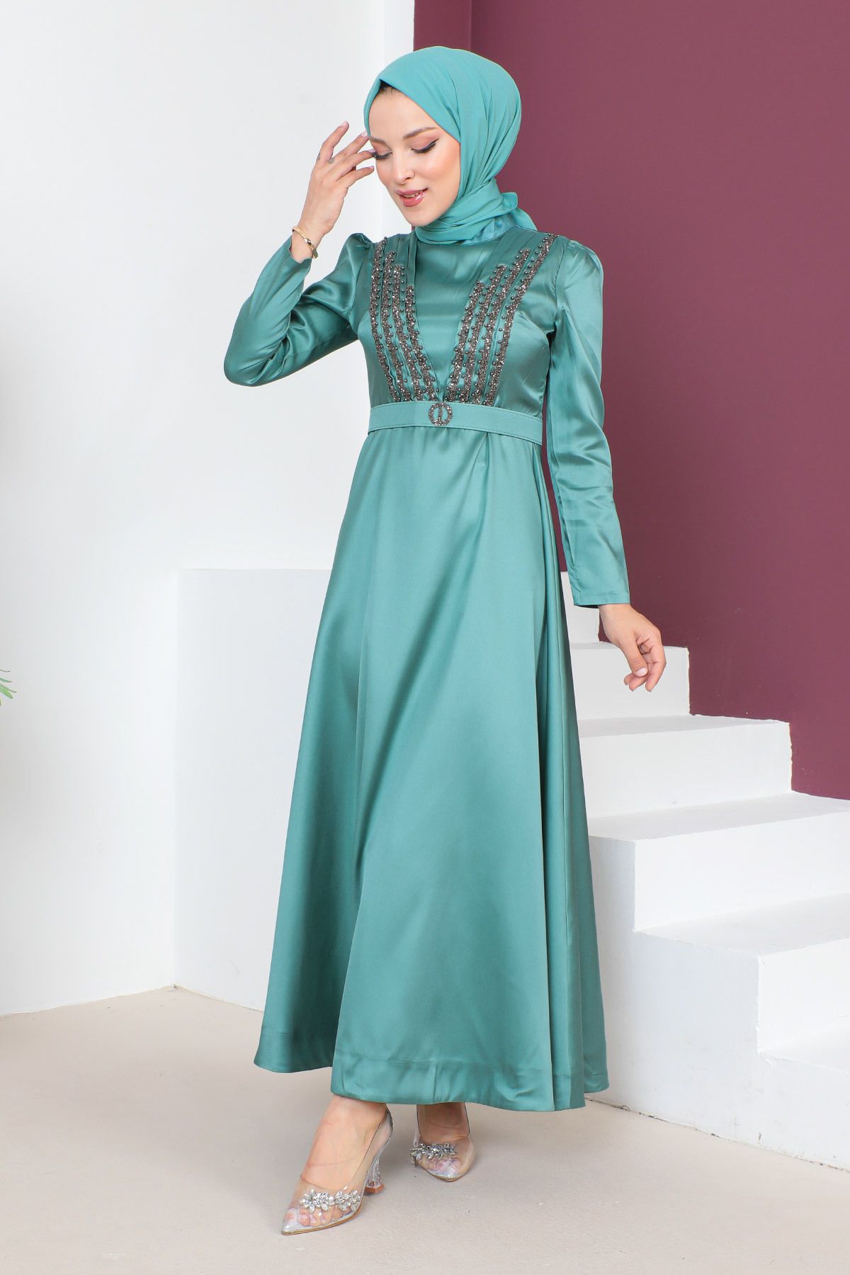 Tesettür Dünyası-Večerní šaty s detailním páskem TSD230636 Mint Green 4