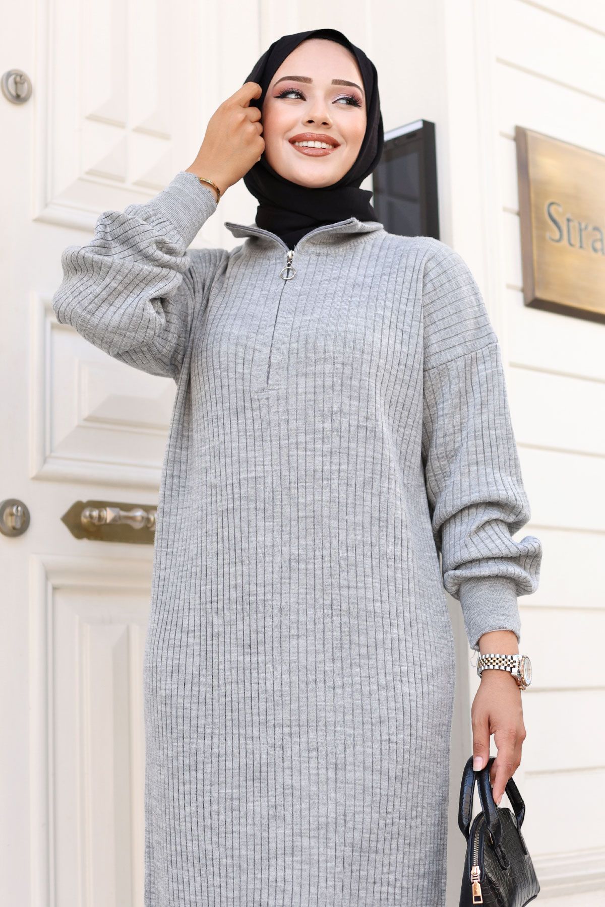 Tesettür Dünyası-Gray Knitwear Dress - Half Zipper TSD 240715 2