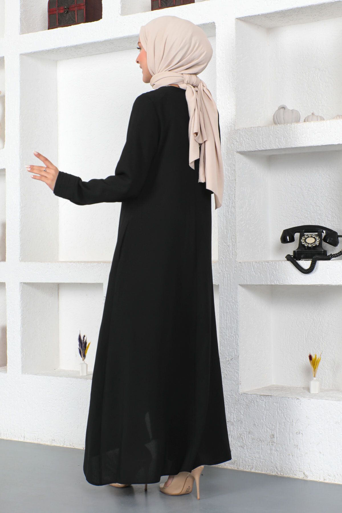 Tesettür Dünyası-Triangle Striped Hijab Abaya Tsd230424 Black 5