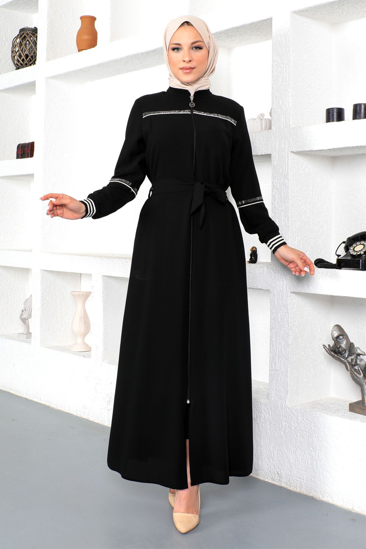 Tesettür Dünyası-Bordás Hidzsáb Abaya Tsd230328 Fekete 4