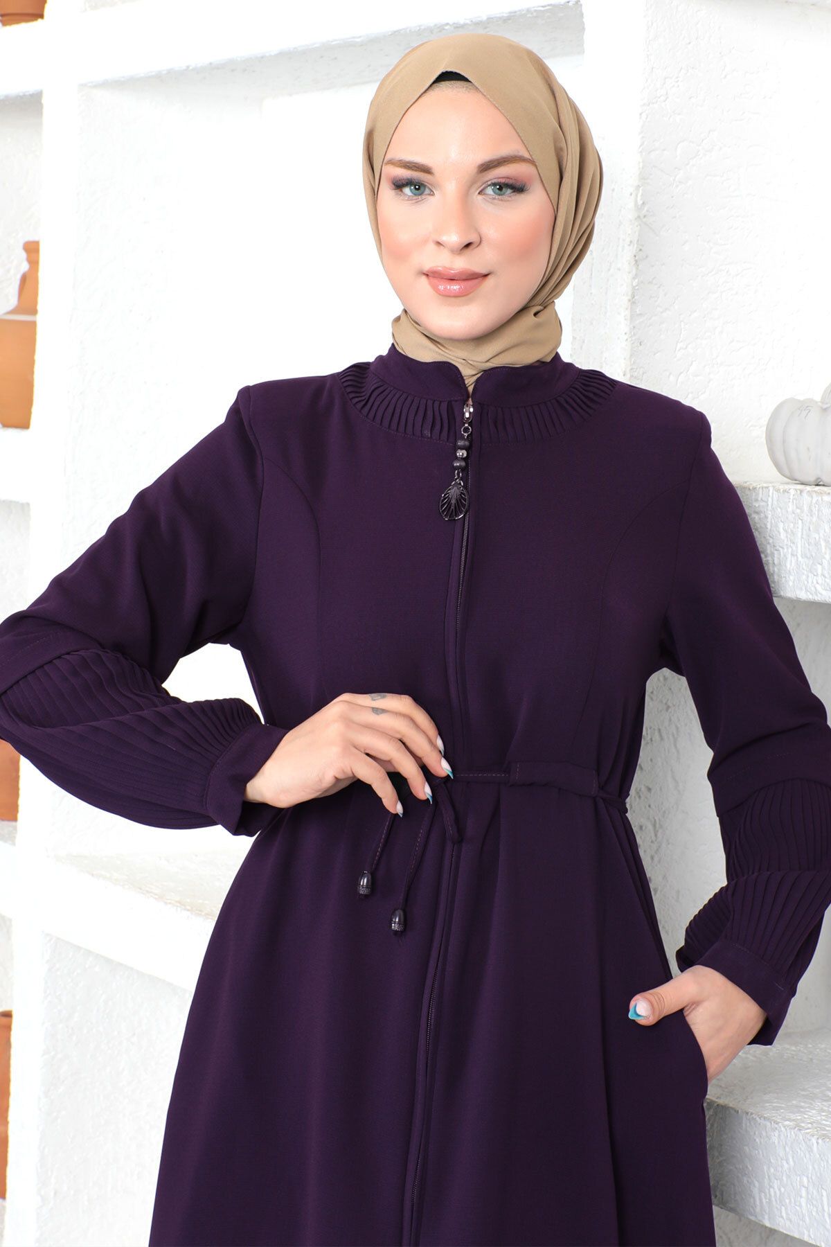 Tesettür Dünyası-Hijab Abaya mit gebundener Taille Tsd230342 Pflaume 2