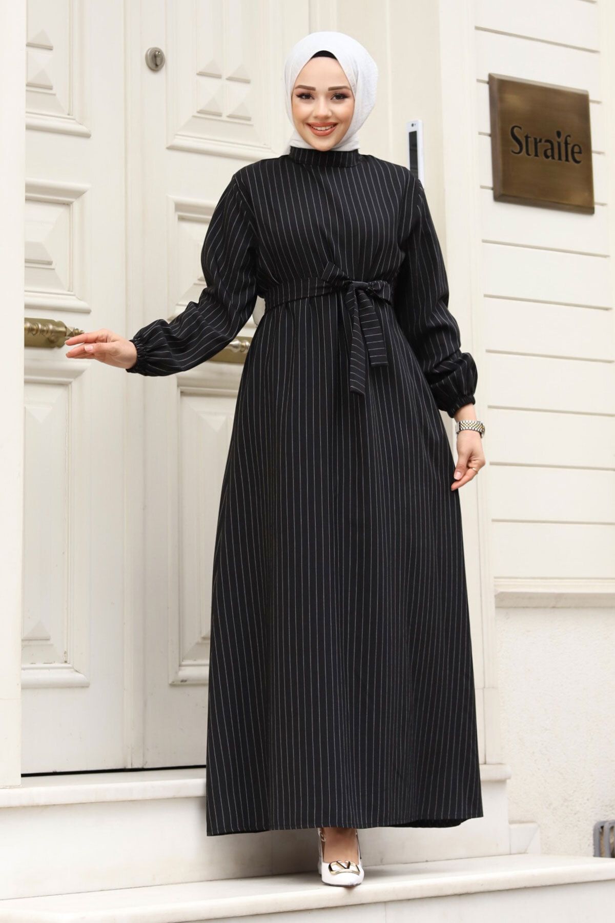 Tesettür Dünyası-Prevailing Collar Waist Belted Hijab Dress TSD240313 1