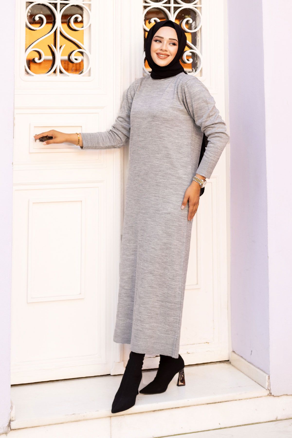 Tesettür Dünyası-Gray Crew Neck Knitwear Dress - TSD 240720 4