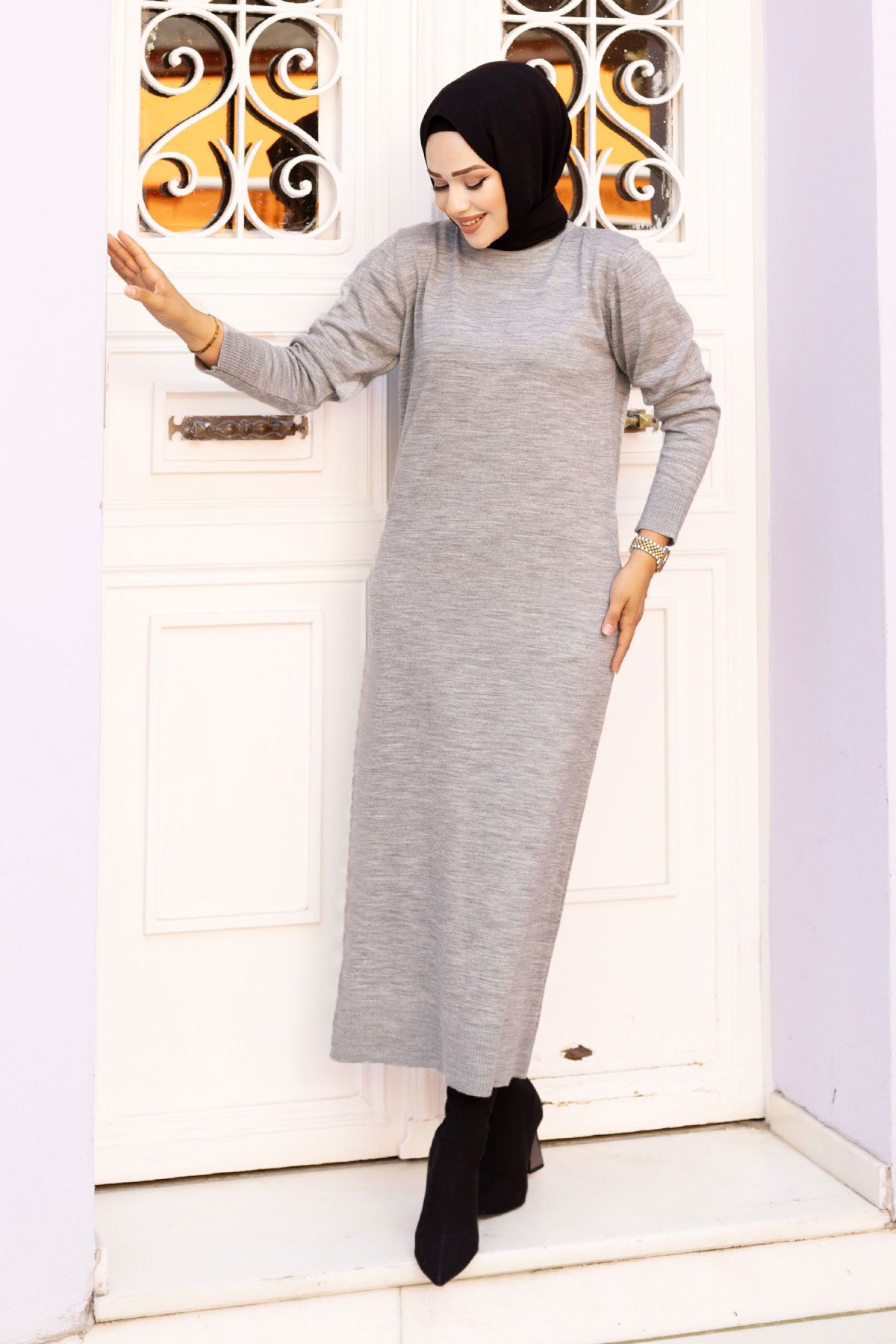 Tesettür Dünyası-Gray Crew Neck Knitwear Dress - TSD 240720 3