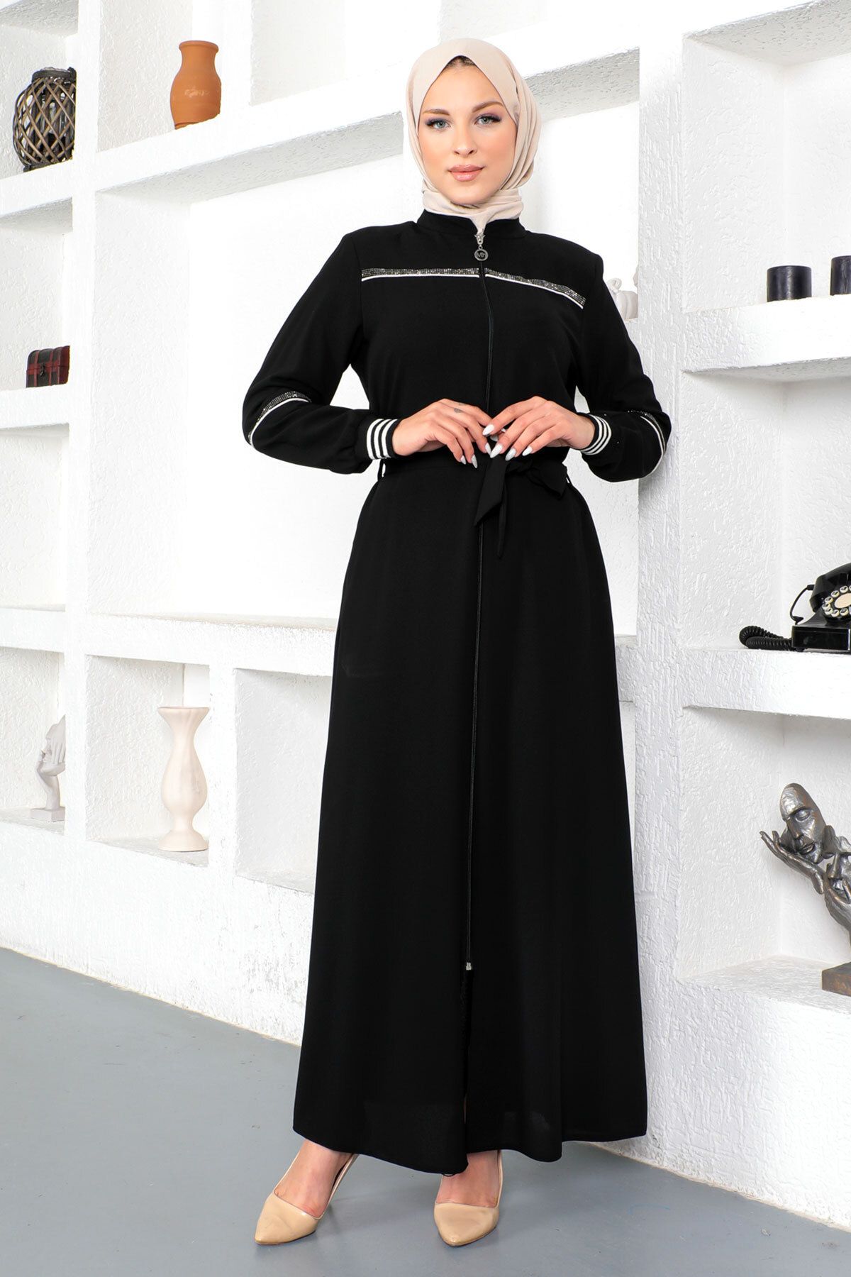 Tesettür Dünyası-Bordás Hidzsáb Abaya Tsd230328 Fekete 3