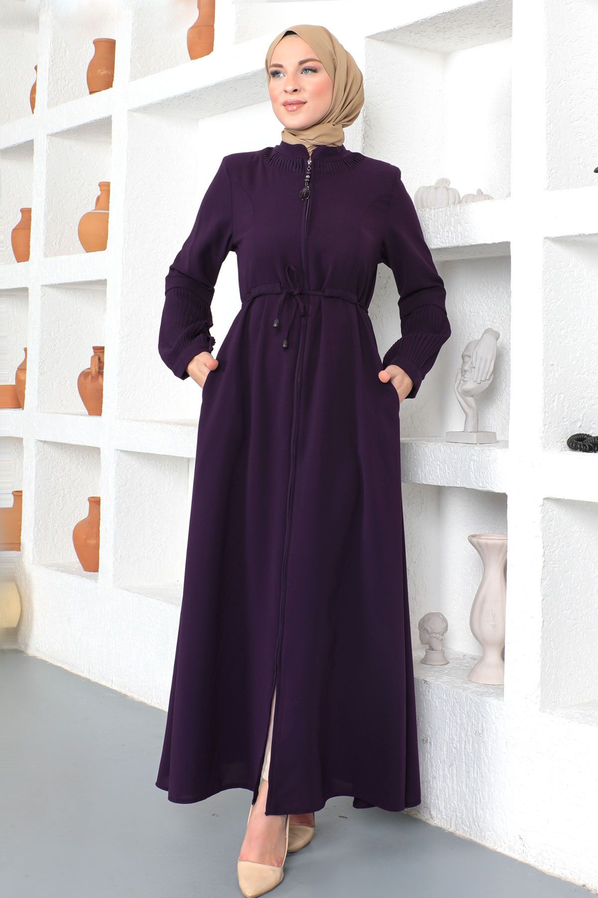 Tesettür Dünyası-Hijab Abaya mit gebundener Taille Tsd230342 Pflaume 3