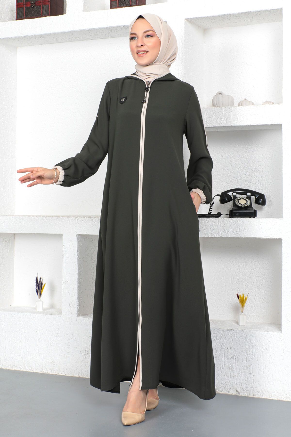 Tesettür Dünyası-Kolorowy hidżab z końcówką rękawa Abaya Tsd230415 Khaki 3