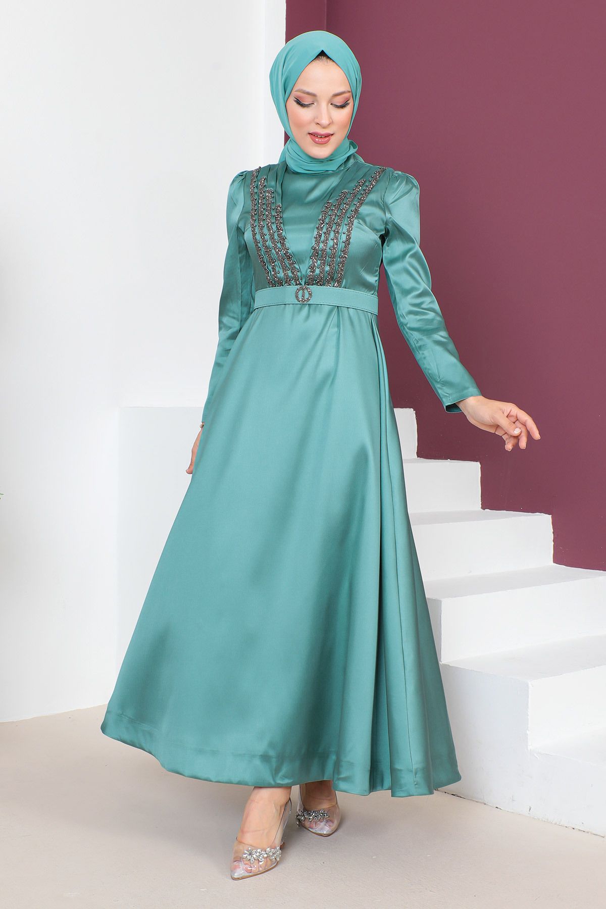 Tesettür Dünyası-Večerní šaty s detailním páskem TSD230636 Mint Green 3