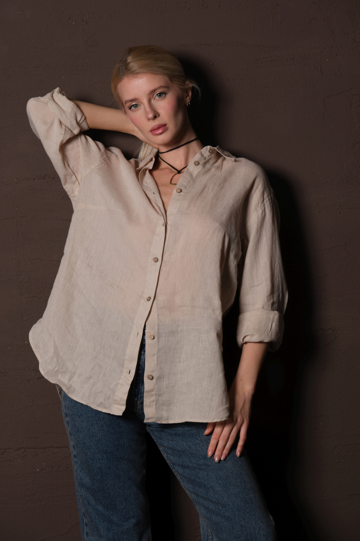 Maule  Taş %100 Keten, Nefes Alan Terletmeyen Oval Rahat Kesim Uzun Kol Yazlık Kadın Gömlek @braga - Görsel 4