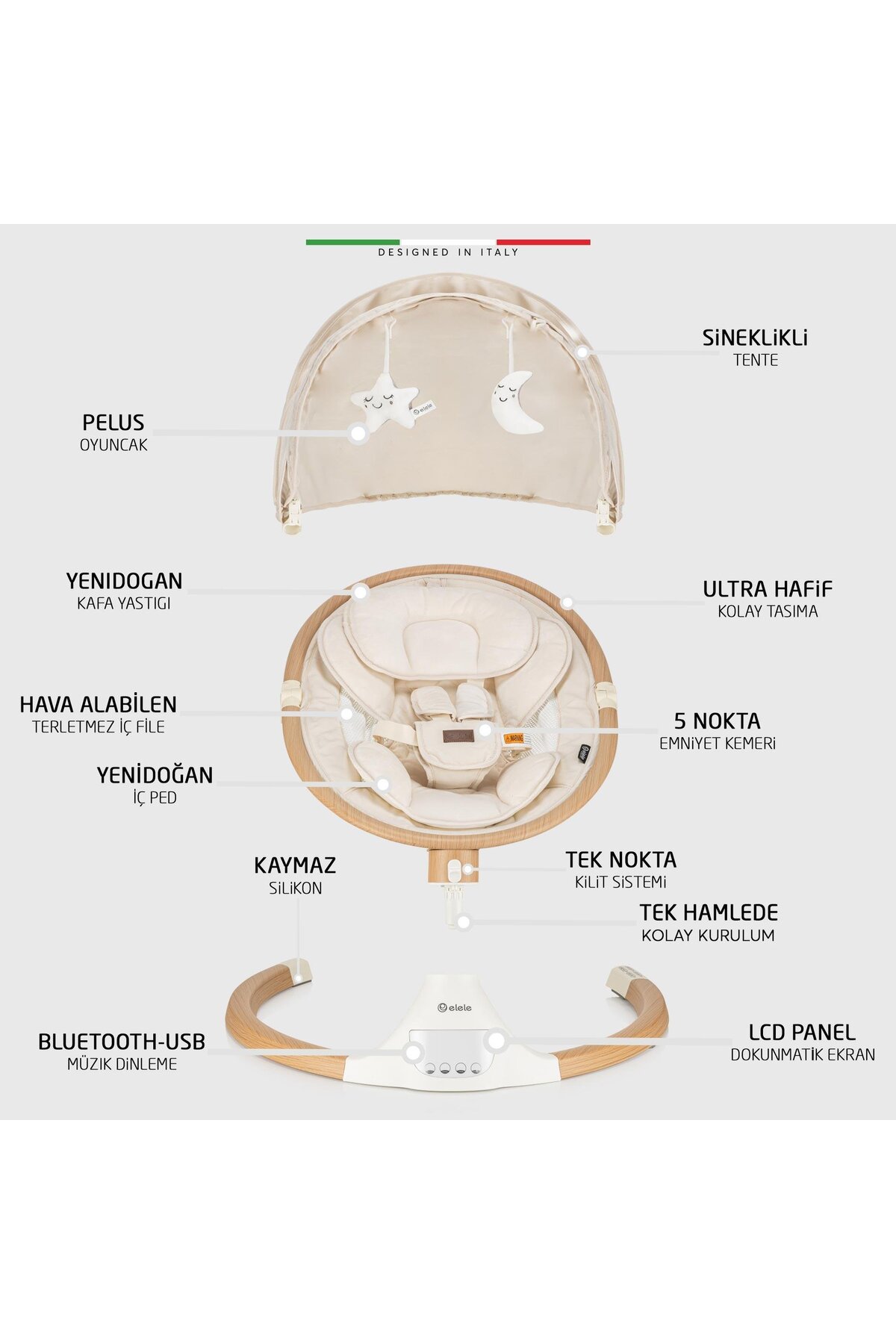 Elele Amore 2 Elektrikli Otomatik Sallanan Ana Kucağı Kademeli Bej fotoğrafı 3 (önizleme)