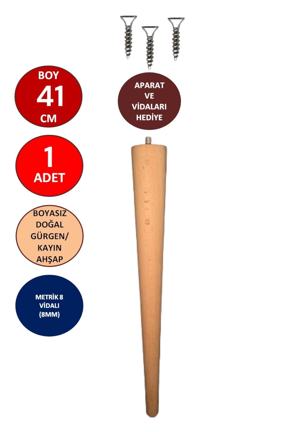 Mikasso Tekli 41 Cm Doğal Ahşap Ayak Konik Masa-Sandalye-Tabure- Sehpa Ayağı Çap:4,6cm 3301000000658 Kahvere