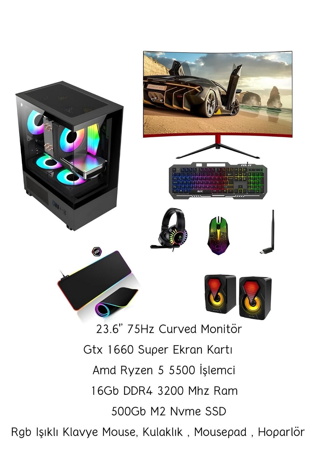 RMT1702 Ryzen 5 5500 1660 Super 16Gb Ram 500Gb M2 23.6'' Curved Full Set Oyuncu Bilgisayarı