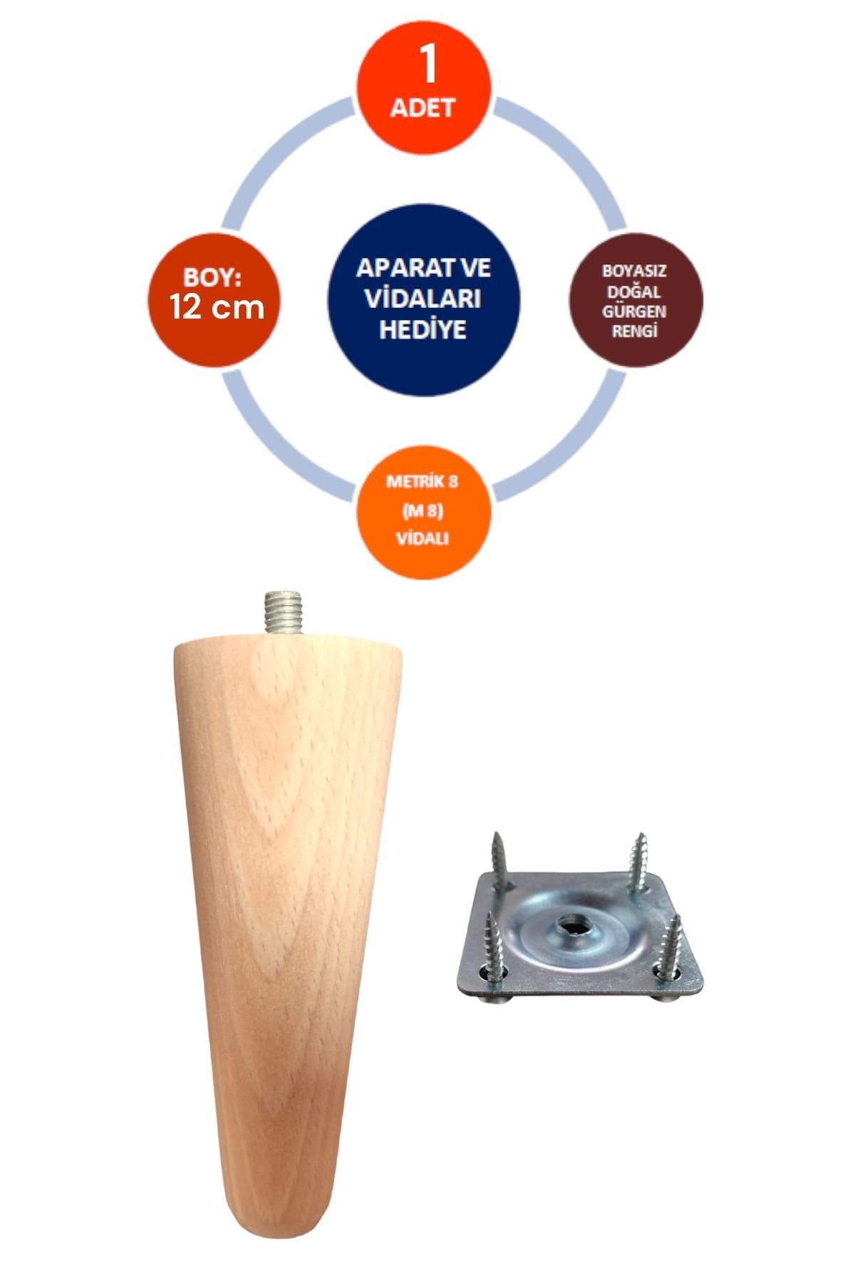 Mikasso Ahşap Ayak Konik 12 Cm Gürgen Koltuk Ayağı - Baza - Sehpa- Mobilya Ayağı- Çap:4,6 Cm - 3301000000402