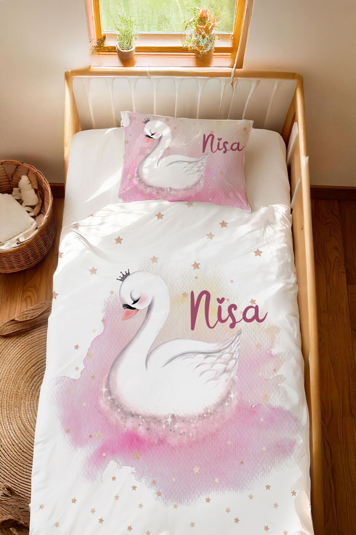 Name Only100% Cotton 100x200 Montessori Duvet Cover Set Swan