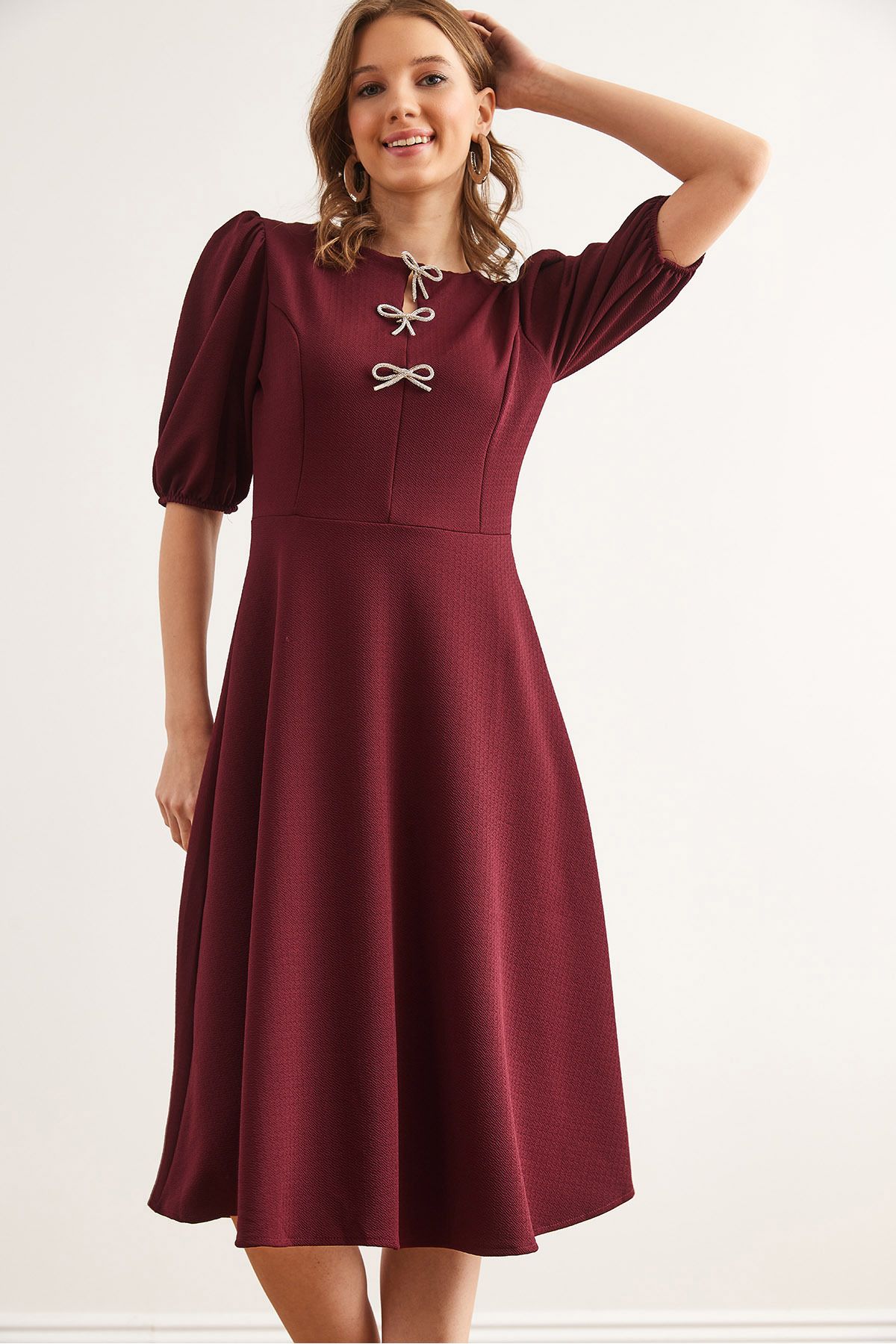 Kadın Bordo Fiyonk Detaylı Midi Örme Elbise ELB-19002341