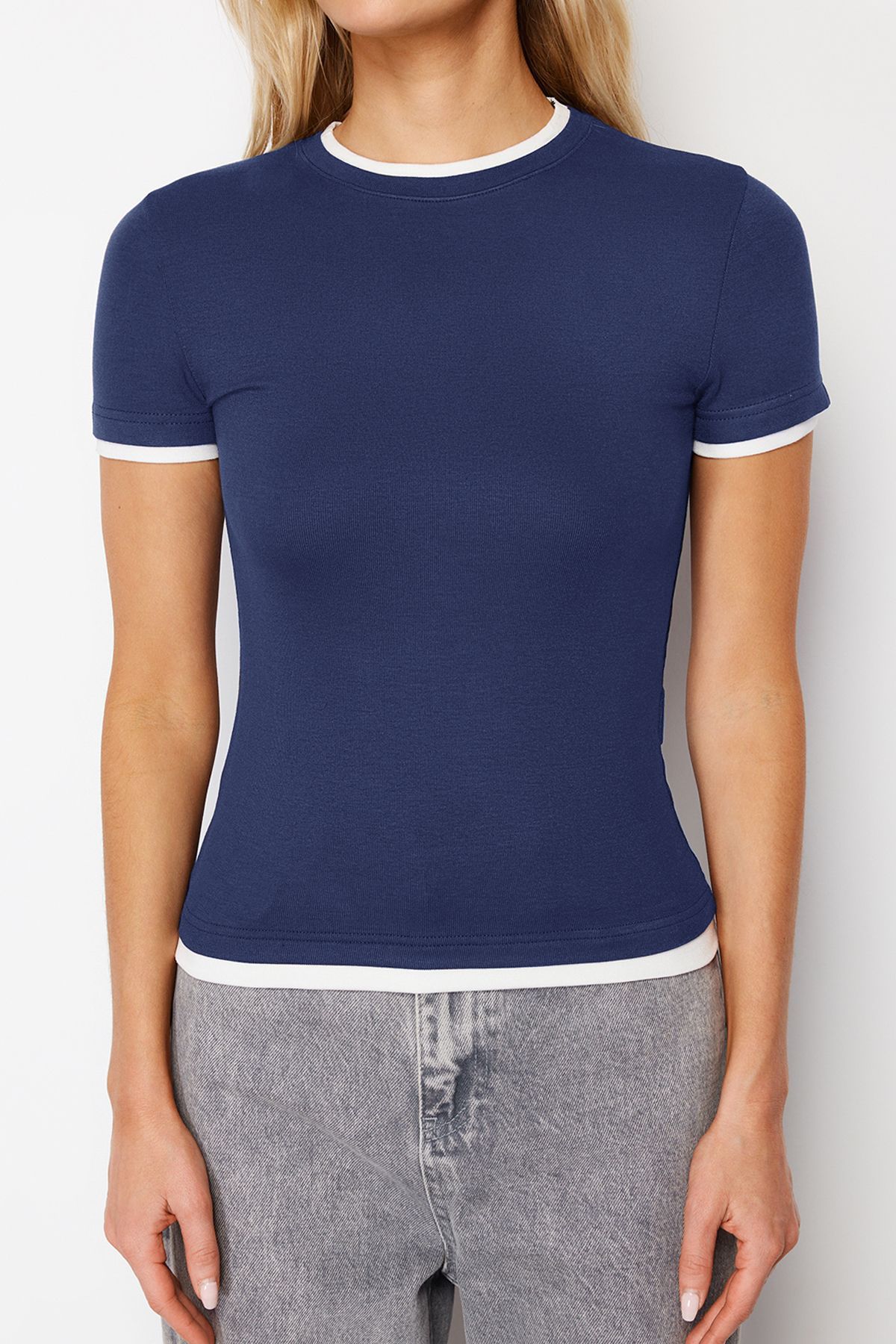 Trendyol Collection-Flexible Viscous Fabric - Indigo Color Block T-Shirt Twoss24Ts00063 4