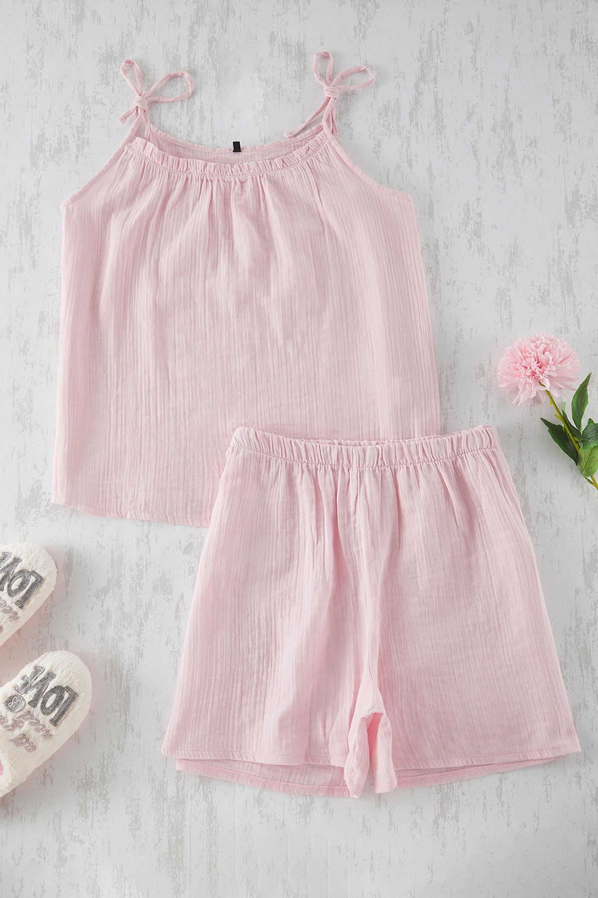 Trendyol Curve-Pink Straps Laced Muslin Woven Pajamas Set Tbbss25Ai00051 7