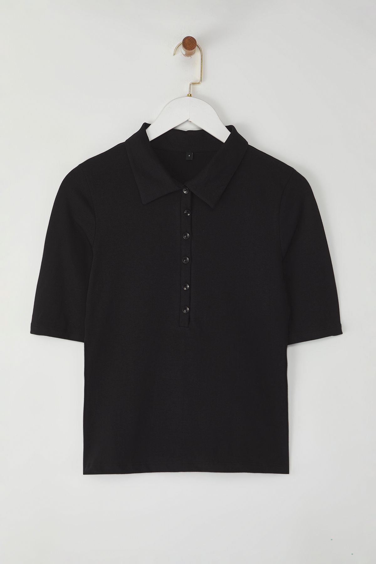 Trendyol Collection Bluză Neagră Tricotată Cu Mâneci Trei Sferturi Cu Gât Polo Femeie - M