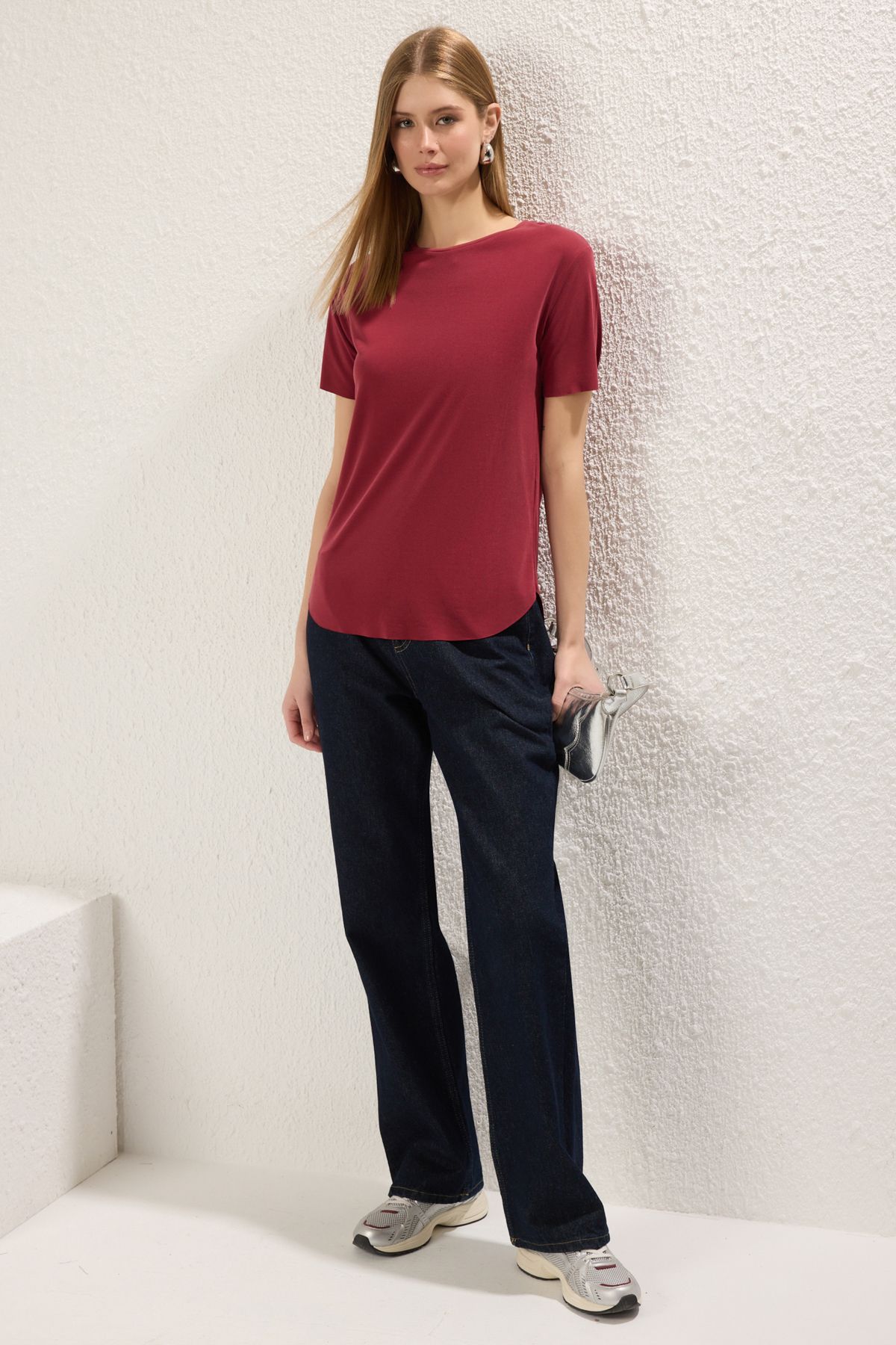 Trendyol Collection-Burgundy Modal Fabric - Wide Cut Knitted T-Shirt Twoss25Ts00124 2