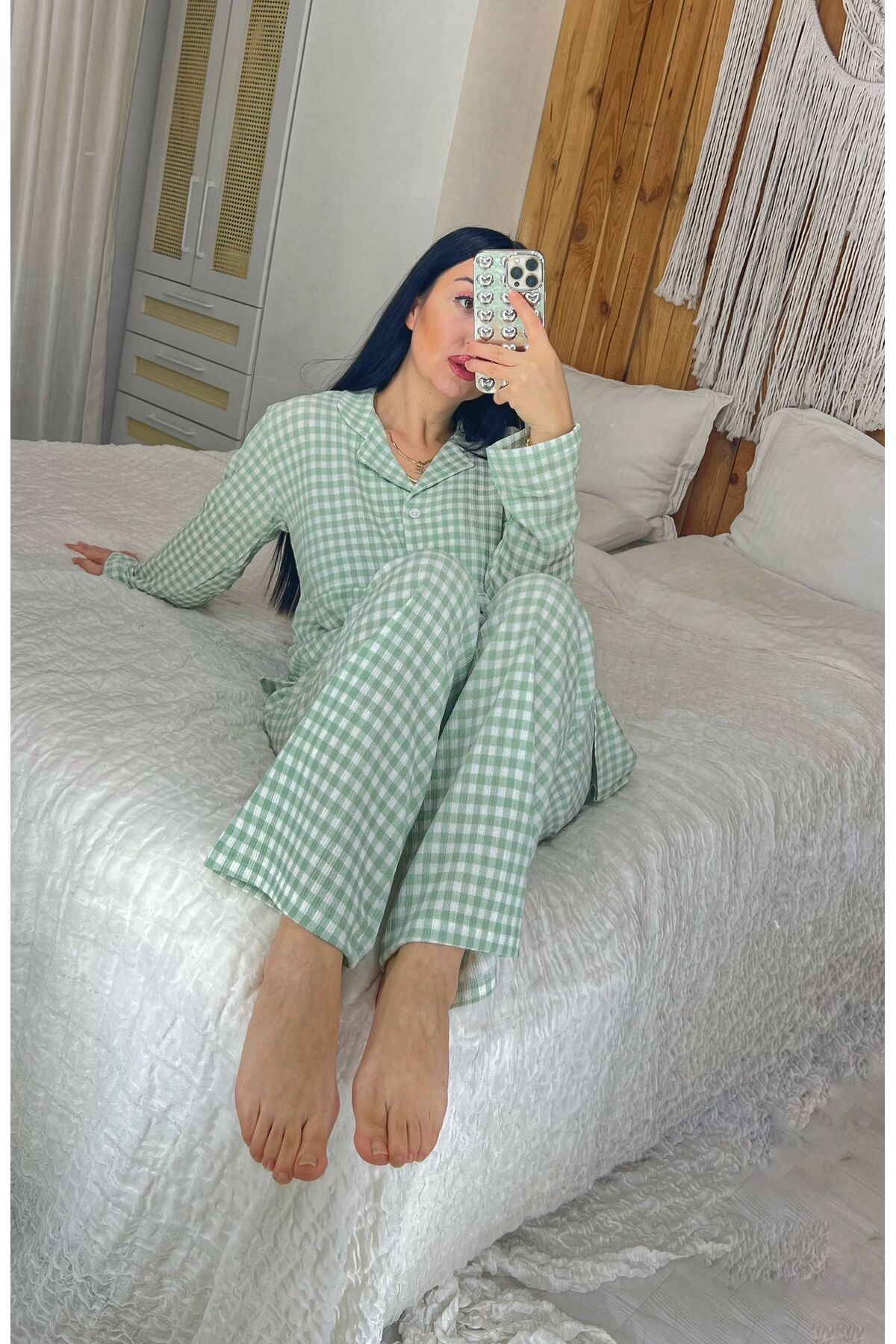 Pijamapartisi-Gingham Twine Fabric Maternity Lohusa Pajamas Set 3