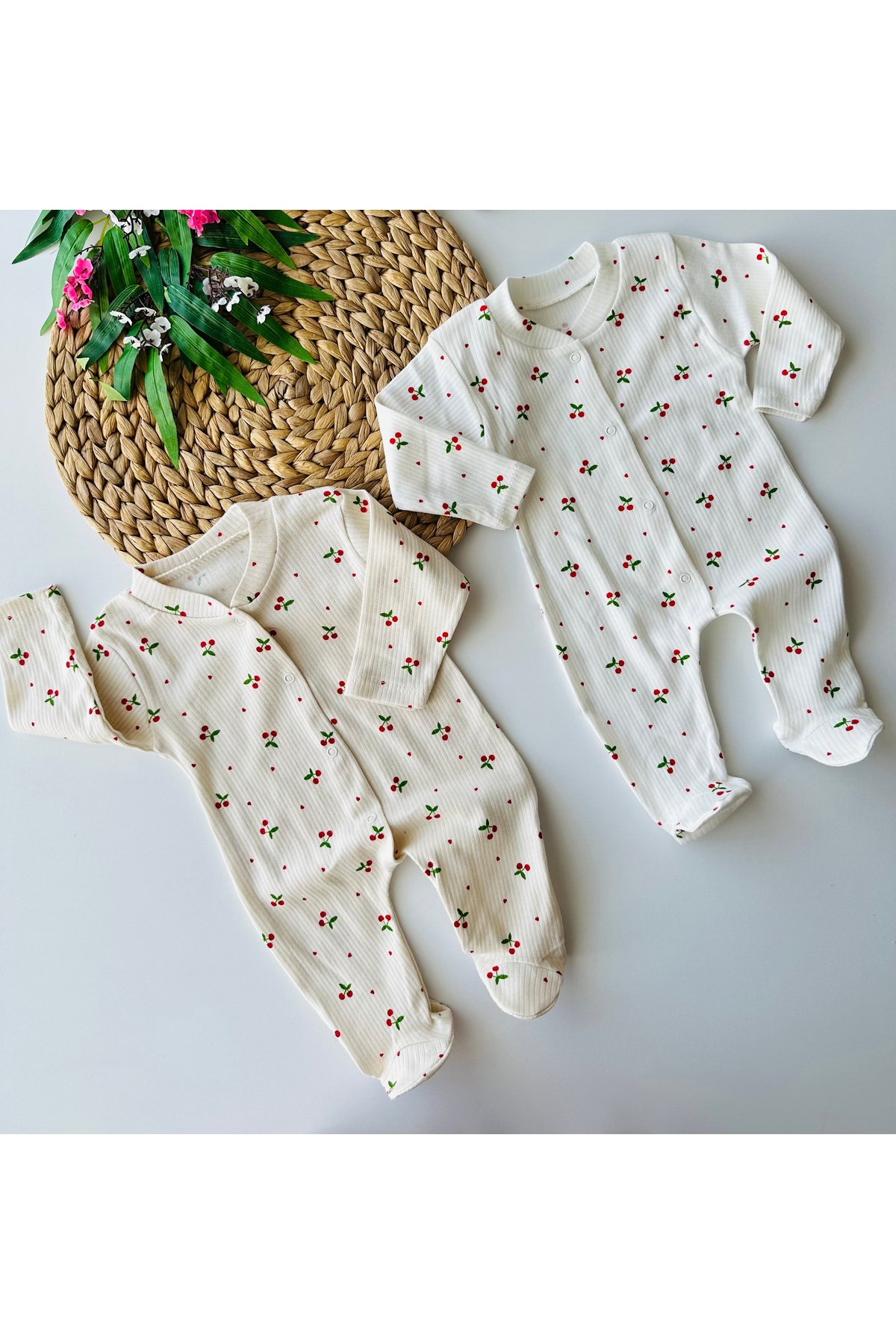 minço bebe Organik Kız Erkek Bebek Mini Kiraz Desenli 2'li Pamuklu Tulum Patikli Yenidoğan 1-3-6 Aylık fotoğrafı 2 (önizleme)