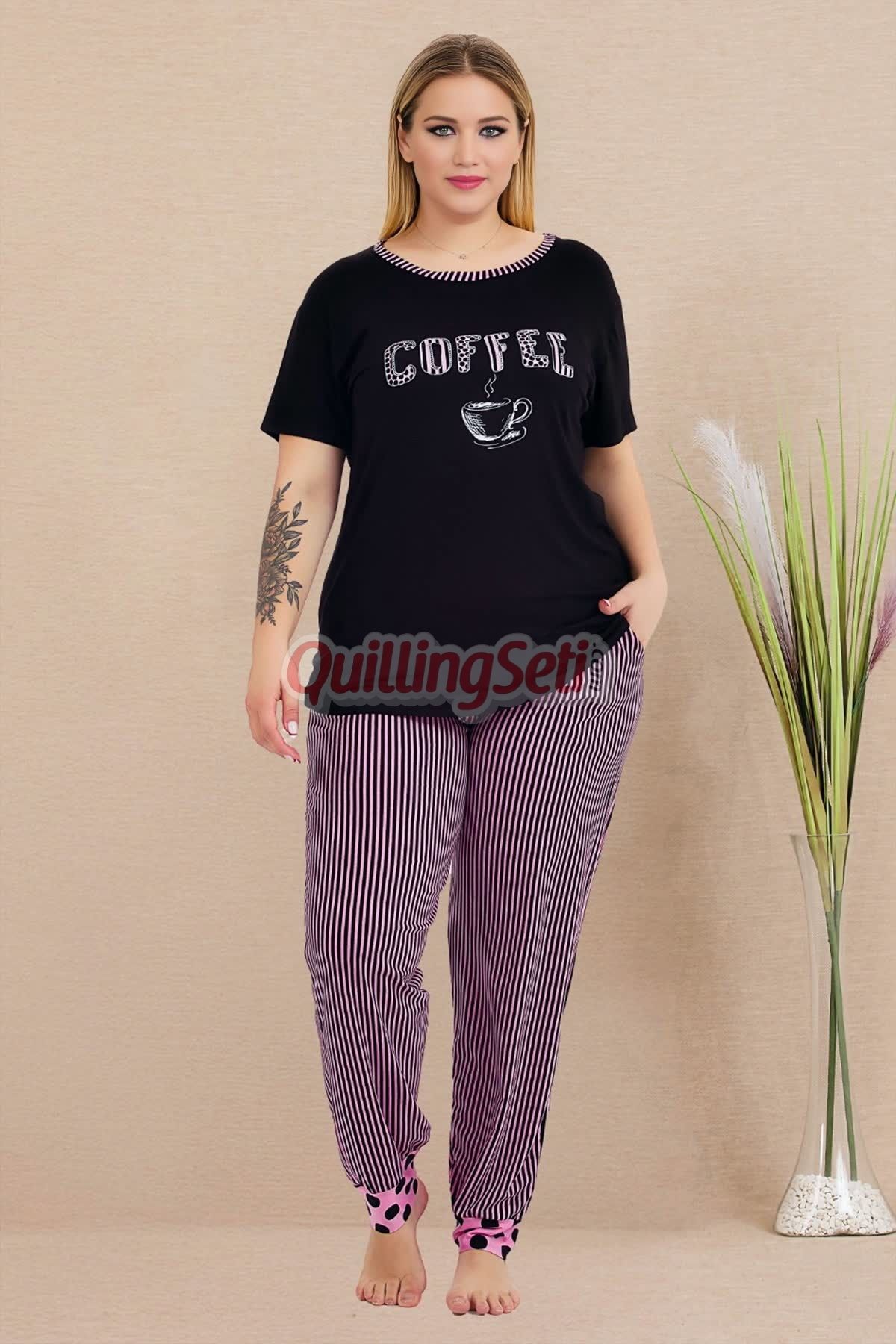 quilling Culoare Neagră Și Dungi 11009 Set Pijama Pentru Mamă Cu Mâneci Scurte Pentru Femei Femeie - 3XL