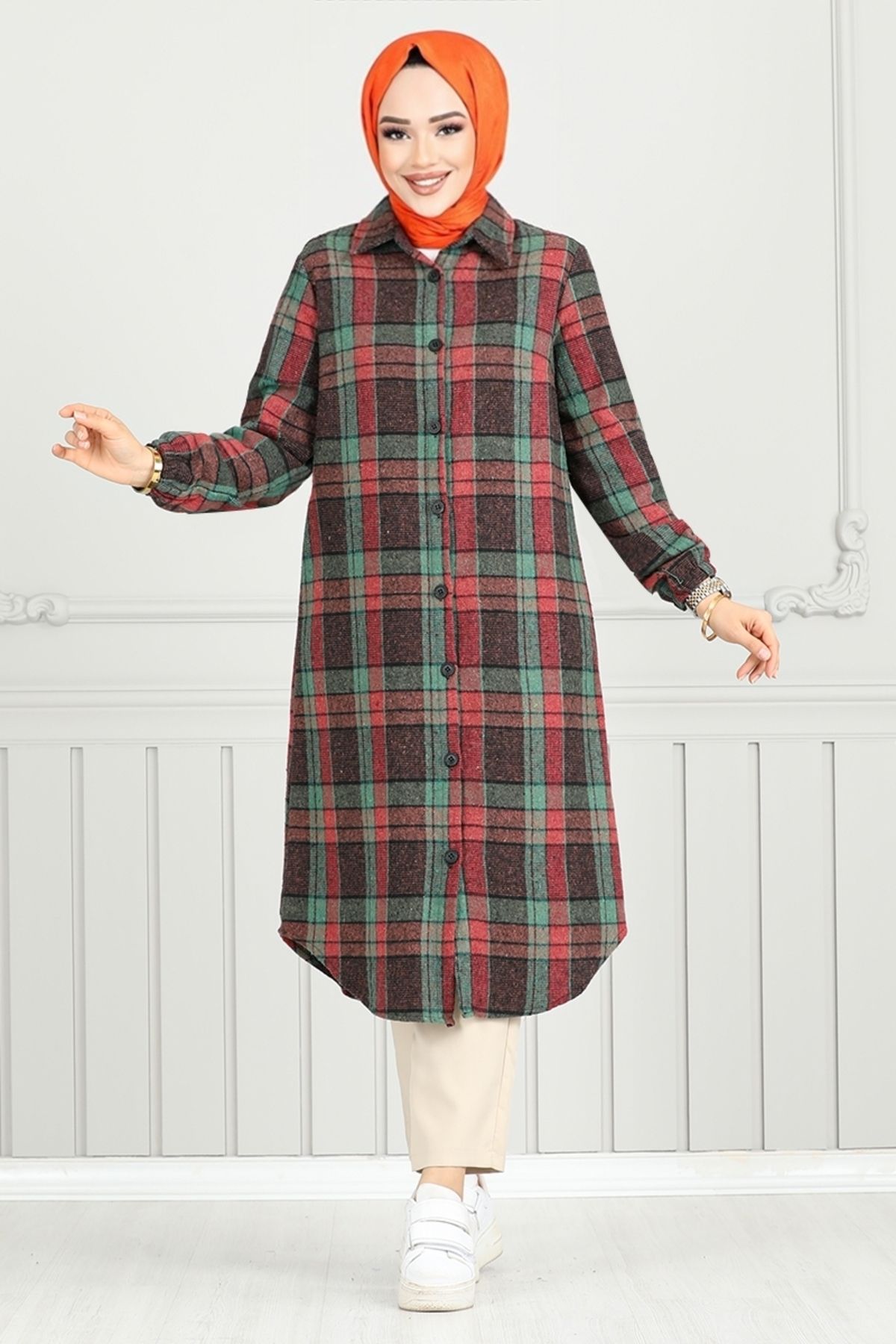 ModaMerve-Green Plaid Tunic - Front Button, 4446Ktr927-M 2