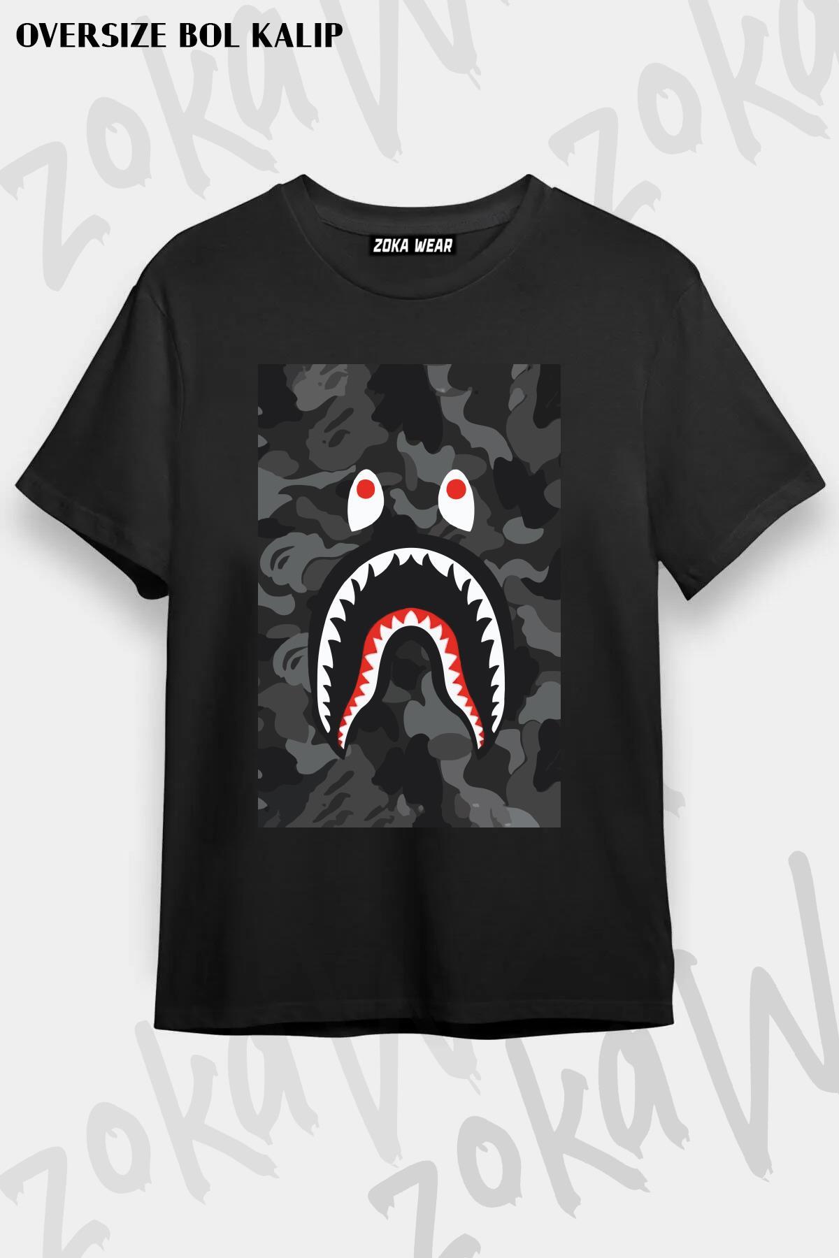 ZOKAWEAR Unisex Oversize Kalıp Gray Bape Shark Tasarım Baskılı