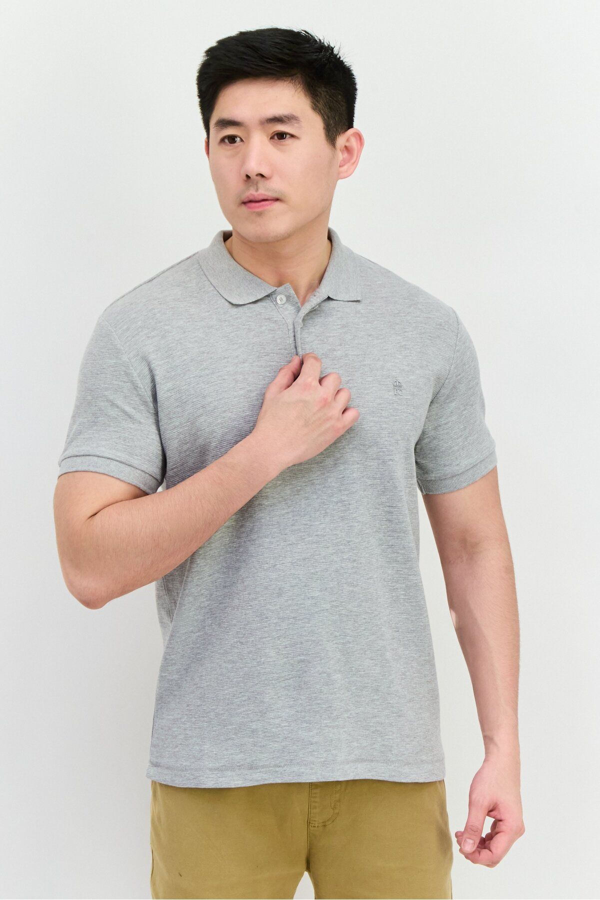 French Connection-Men Regular Fit Brand Logo Short Sleeves Polo Shirt, Light Grey Mel 1