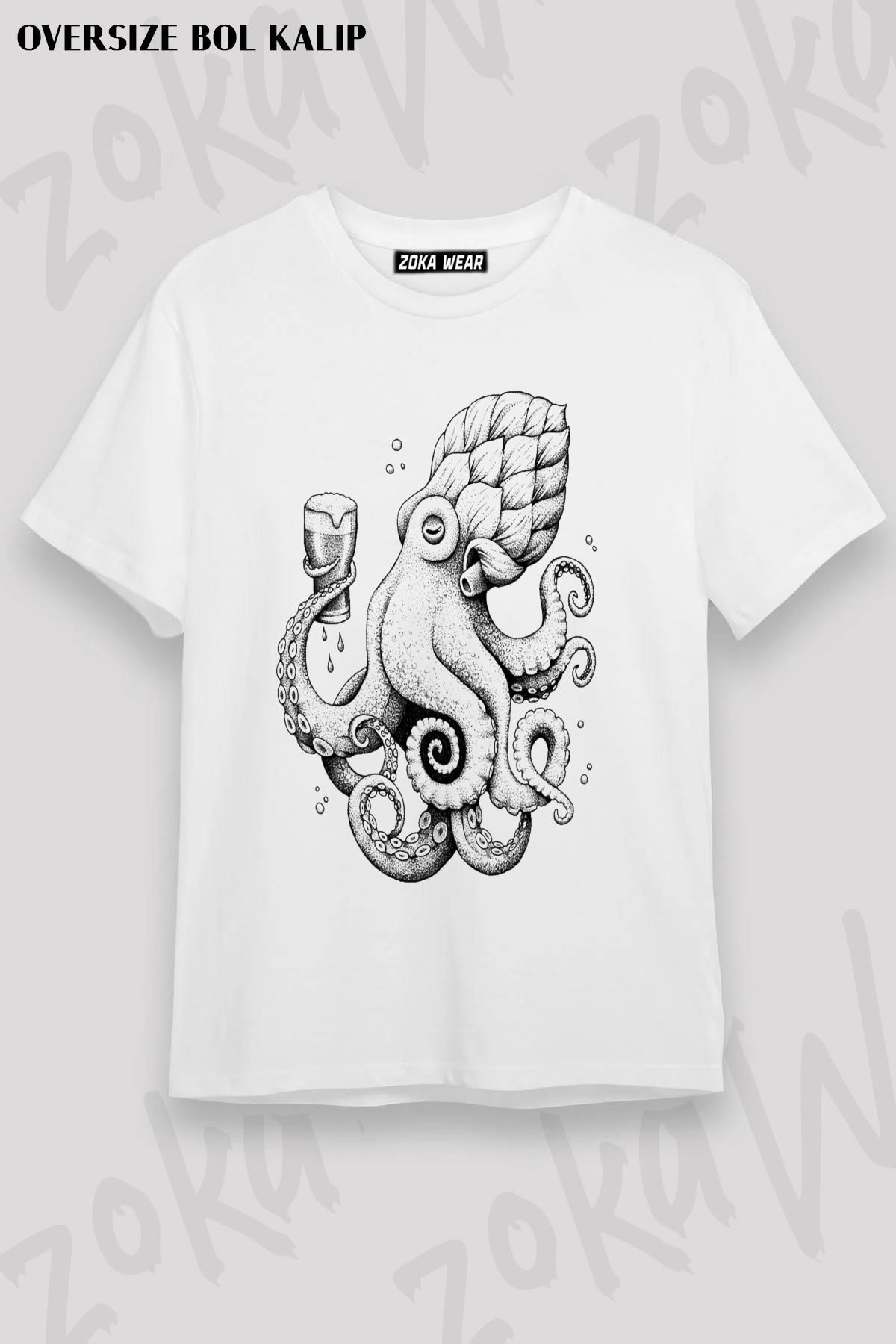 ZOKAWEAR-Unisex Oversize Hoptopus Beer Octopus Printed T-Shirt 1