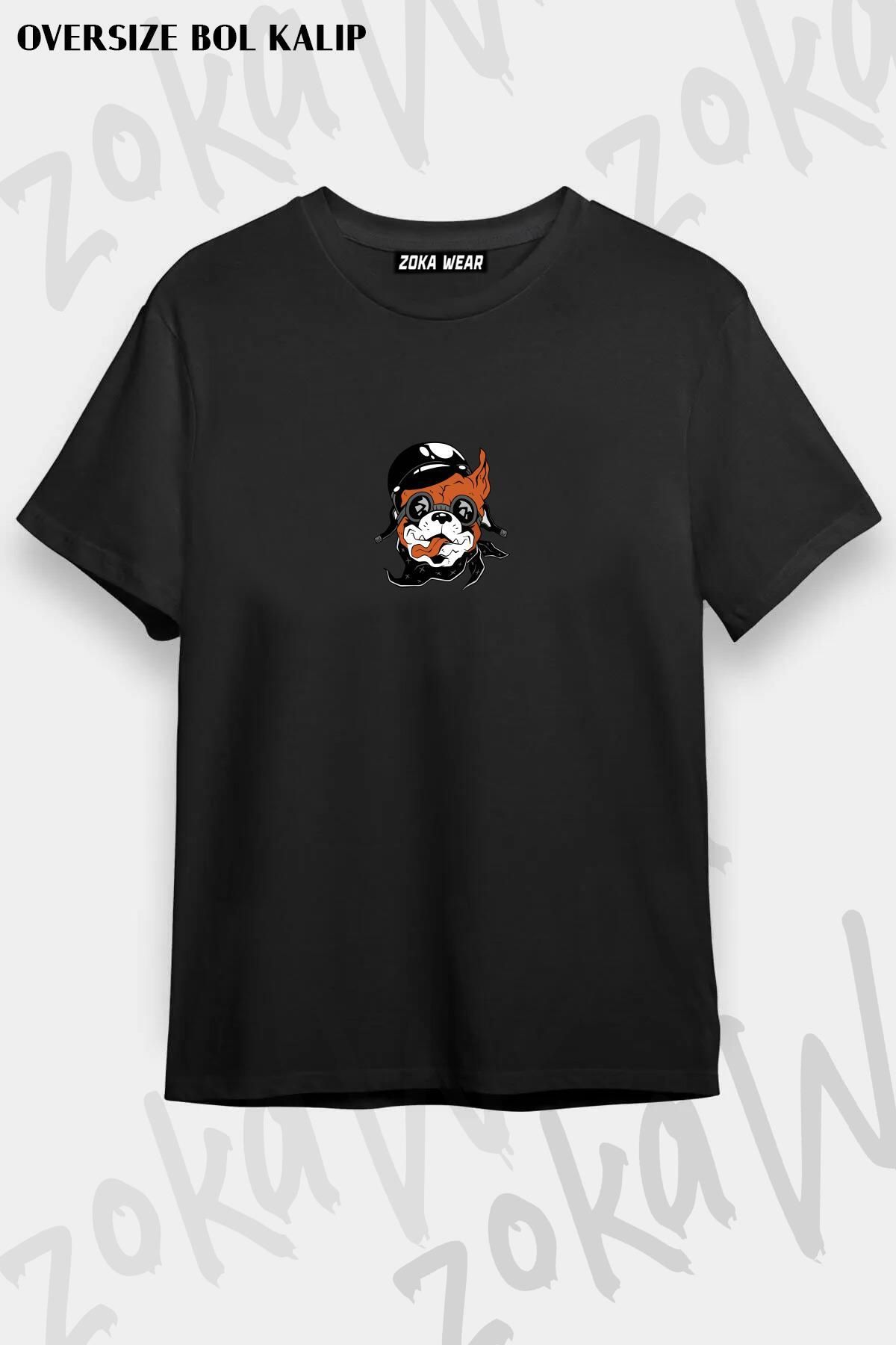 ZOKAWEAR Unisex Oversize Kalıp Kask Takmış Köpek Tasarım Baskılı Tshirt