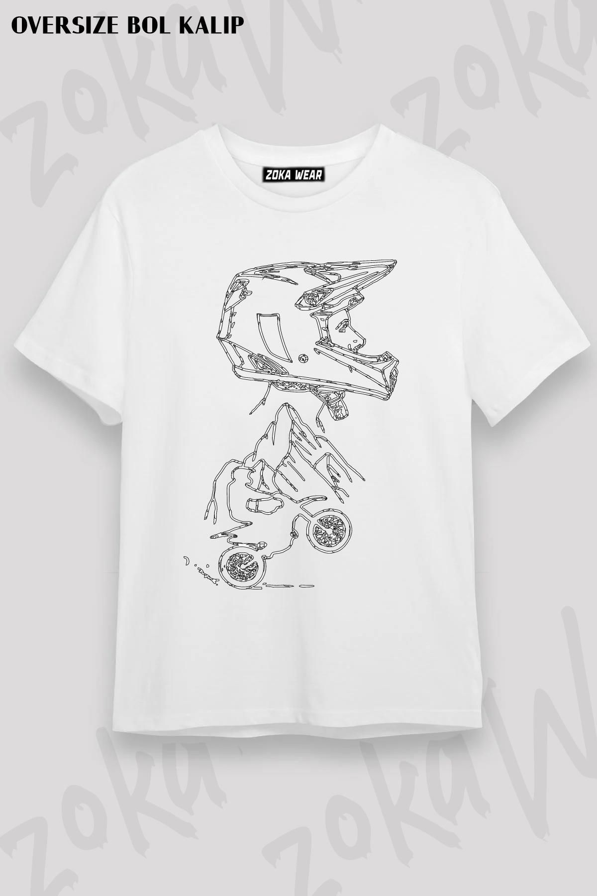 ZOKAWEAR Unisex Oversize Kalıp Motorcu Kask Çizim Baskı Tasarım Baskılı Tshirt