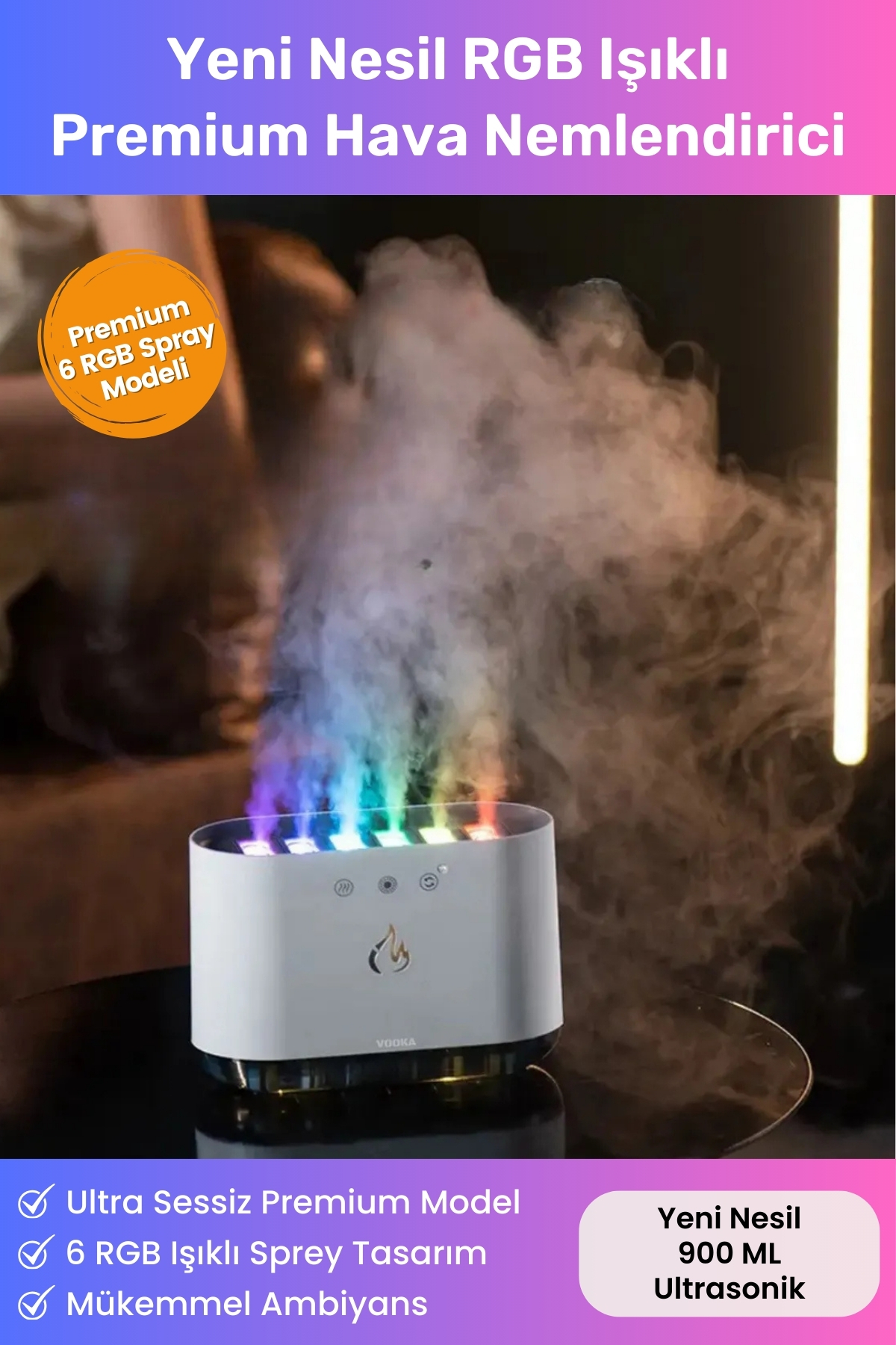 Sese Duyarlı Büyük 900 ML Ultrasonik Hava Nemlendirici 6 RGB Gece Işığı Buhar Makinesi Aroma Difüzör