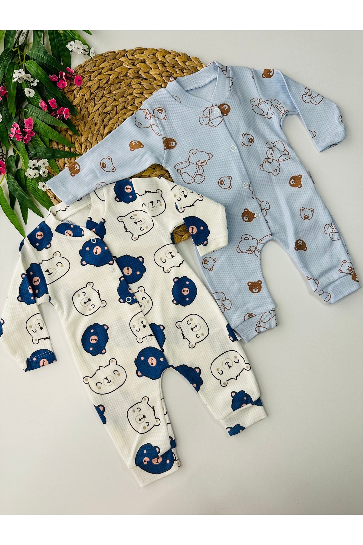 minço bebe Organik Erkek Bebek Mavi Ayıcık Desenli 2'li Pamuklu Tulum Patiksiz Yenidoğan 1-3-6 Aylık