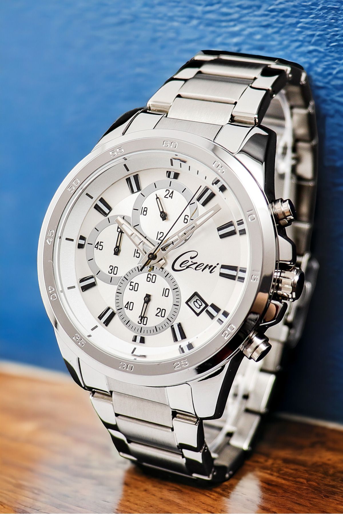 Cezeri-men's White Silver Wristwatch - with Calendar and Chronometer 3