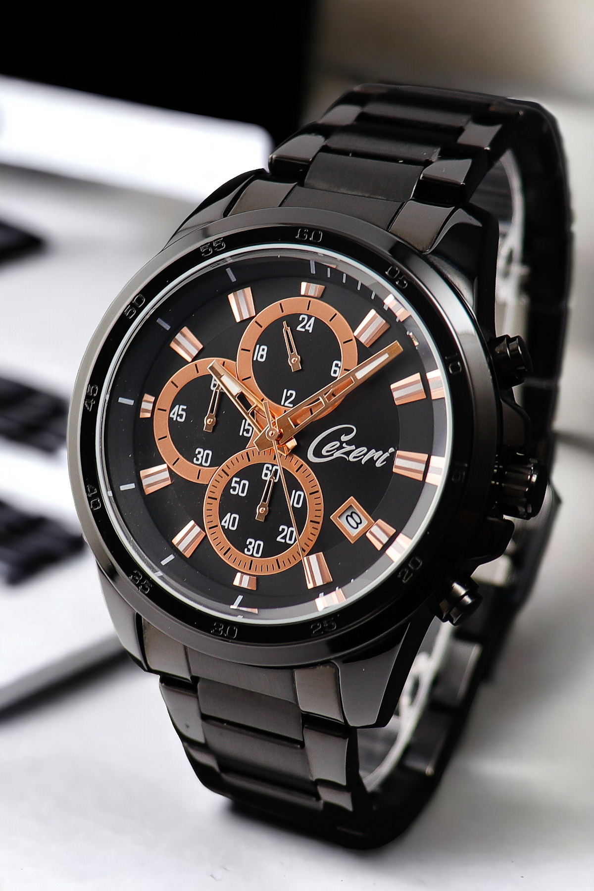 りお Cezeri Orijinal Fonksiyonlu Takvimli Kronometreli Bakır Siyah