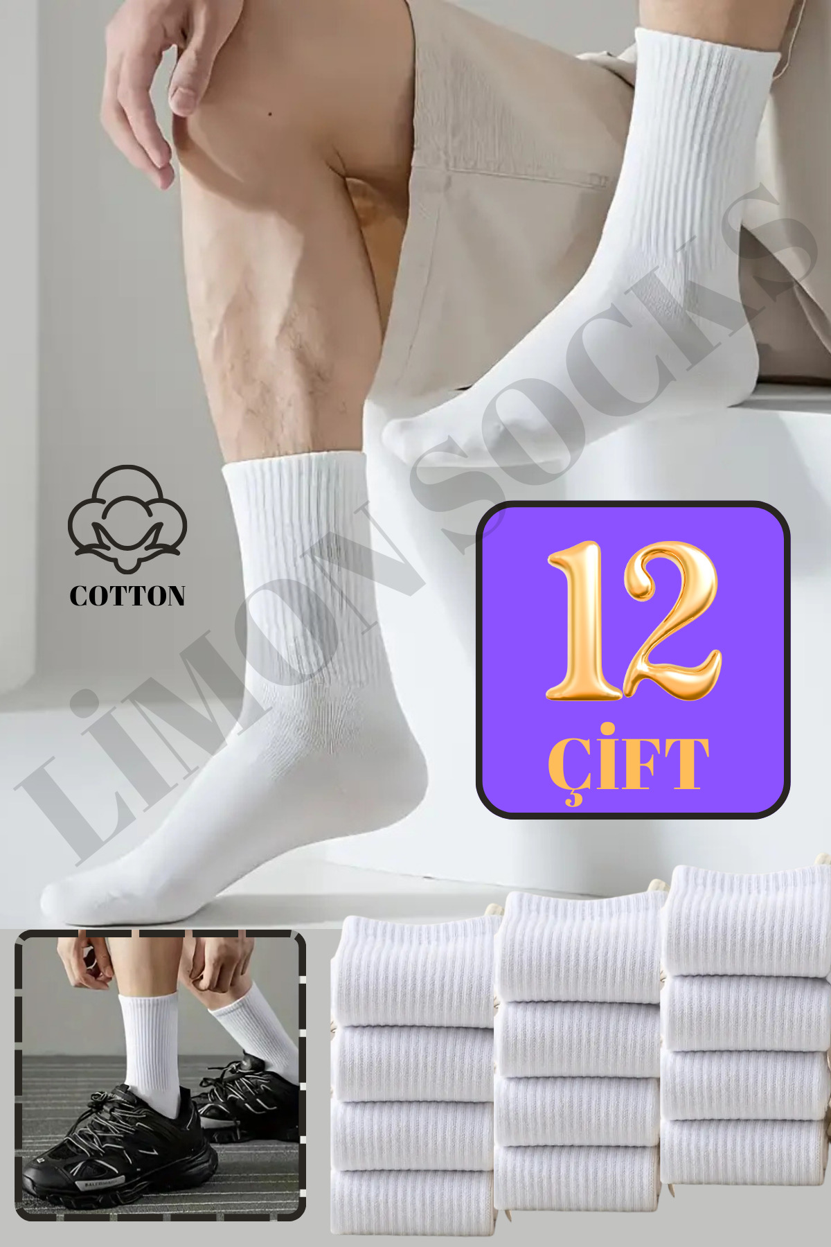 12 Çift Tenis Çorabı Fitilli Beyaz Unisex - Premium Kalite Soket Boy Pamuklu Çorap — görsel 7 · LMNCORAP3